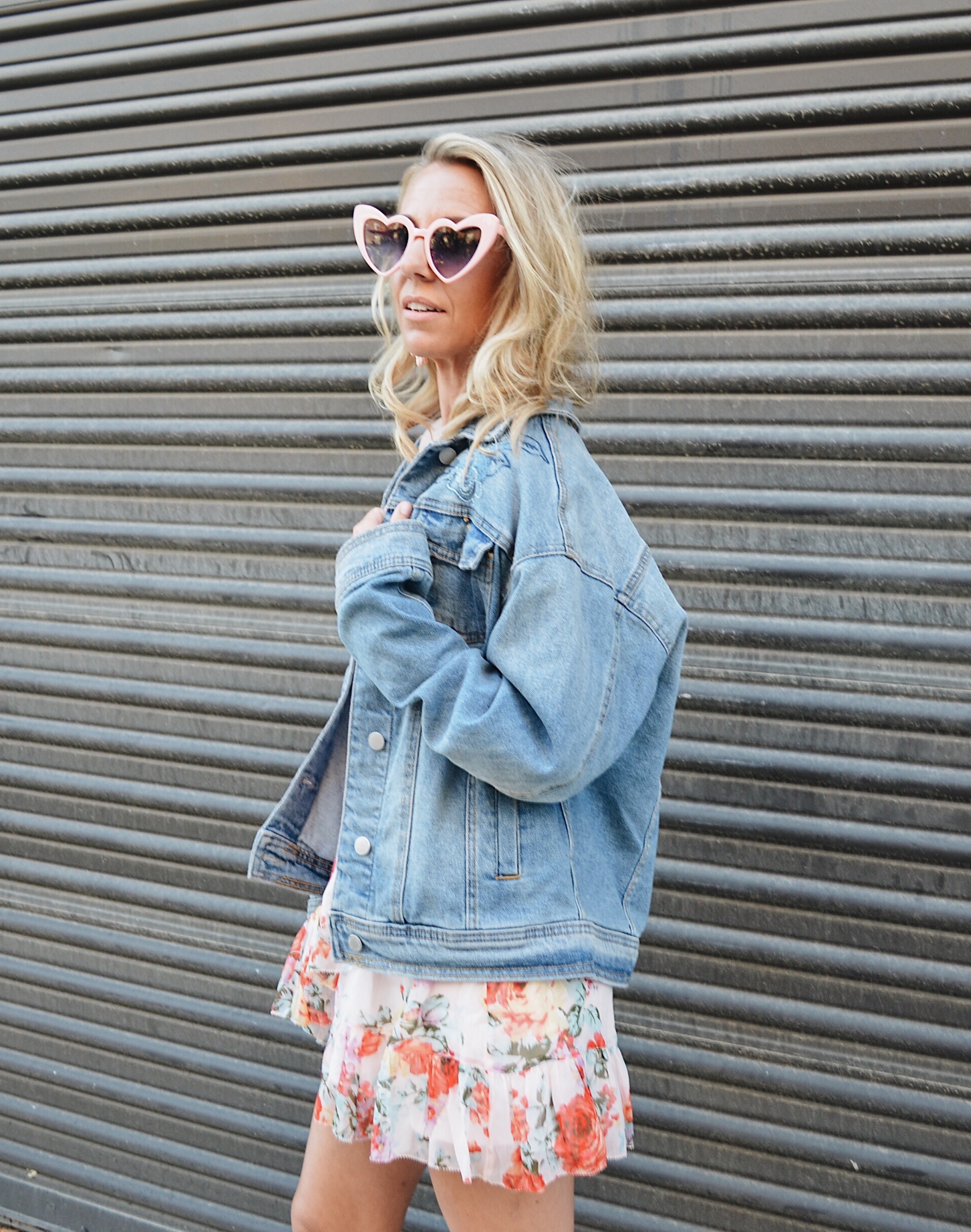 DENIM BOYFRIEND JACKET- Jaclyn De Leon Style + oversized jean jacket + target style + heart sunglasses + pink floral dress + Universal Thread + spring style + casual street style + mom style +embroidered denim