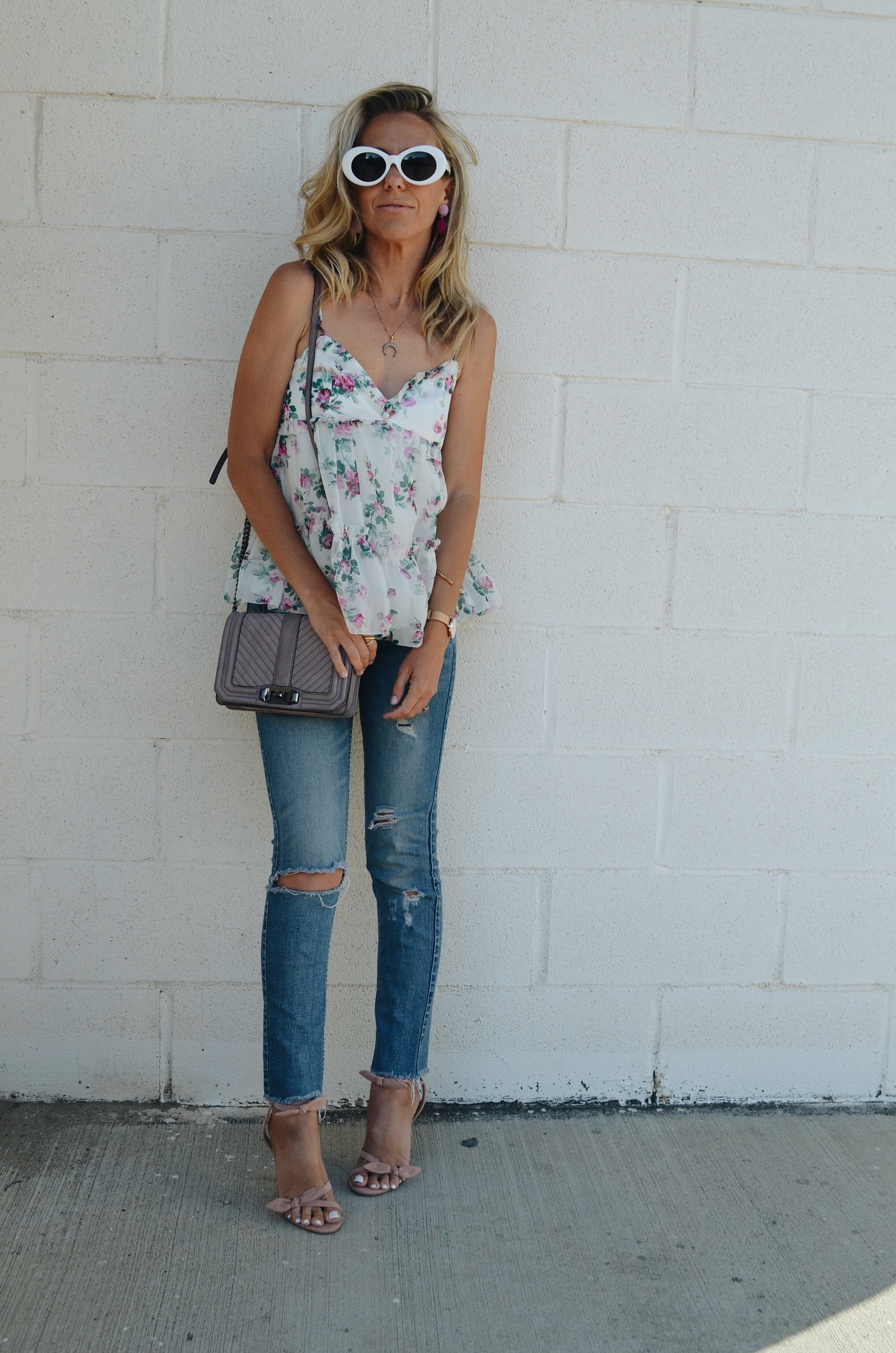 HOW TO DRESS UP DISTRESSED DENIM- Jaclyn De Leon Style + FLORAL RUFFLE TOP + A&F + DESTROYED JEANS +PINK HEELS + TARGET STYLE + SUMMER NIGHT OUTFIT + STREET STYLE + REBECCA MINKOFF HANDBAG + RETRO STYLE SUNGLASSES