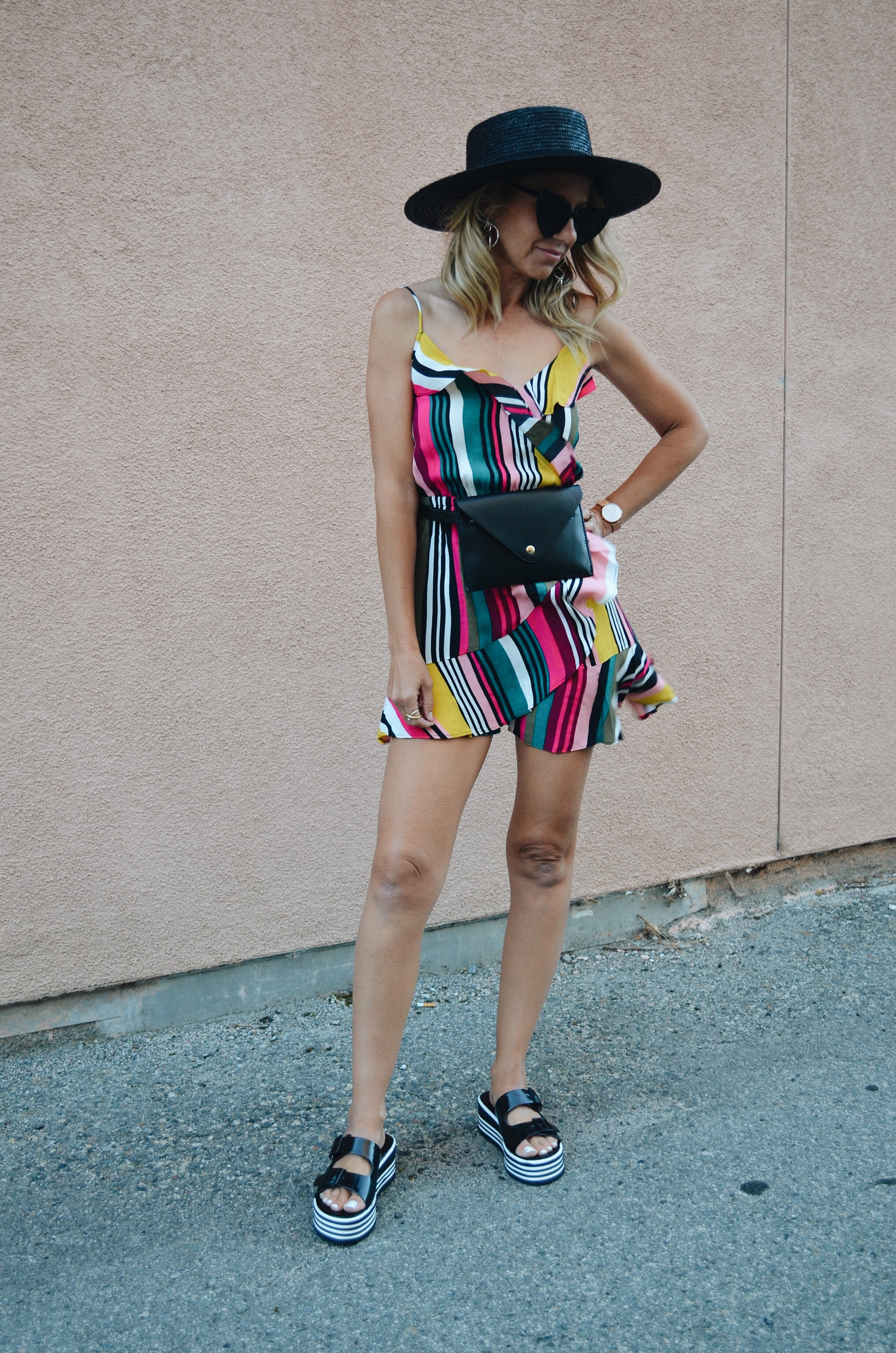 THE MUST HAVE SHOE TREND- PLATFORMS- Jaclyn De Leon Style + striped ruffle dress + belt bag + rocketdog slip on platforms + straw hat + express dress + what to wear this summer + street style