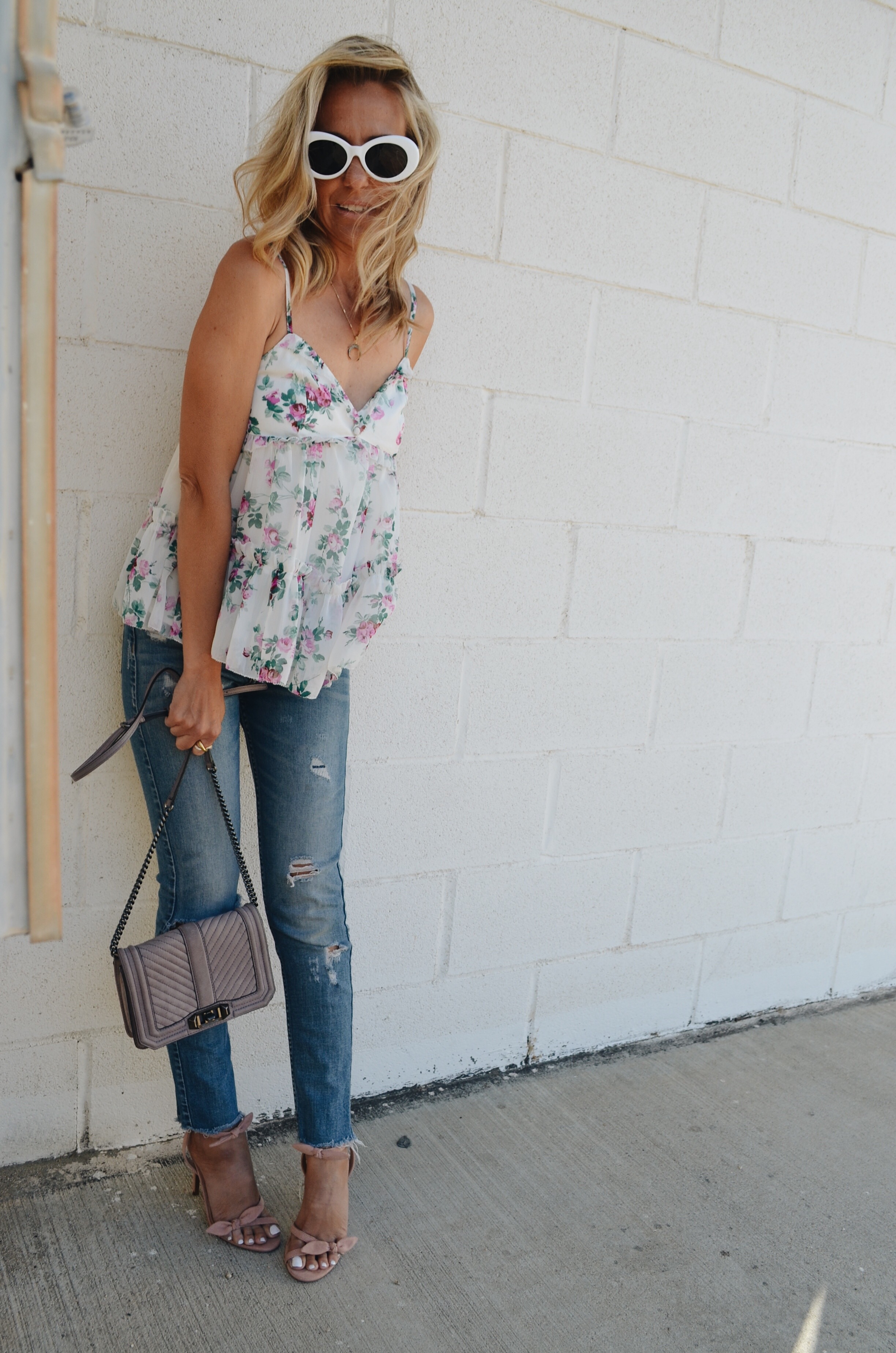 HOW TO DRESS UP DISTRESSED DENIM- Jaclyn De Leon Style + FLORAL RUFFLE TOP + A&F + DESTROYED JEANS +PINK HEELS + TARGET STYLE + SUMMER NIGHT OUTFIT + STREET STYLE + REBECCA MINKOFF HANDBAG + RETRO STYLE SUNGLASSES