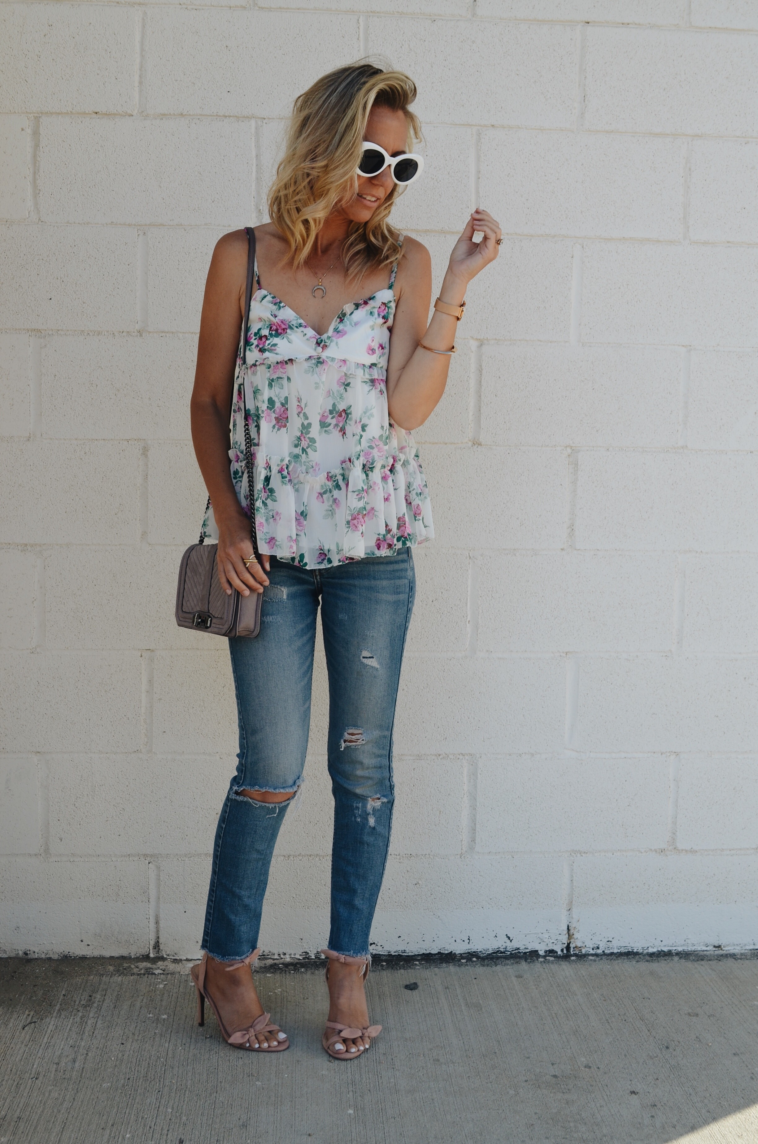 HOW TO DRESS UP DISTRESSED DENIM- Jaclyn De Leon Style + FLORAL RUFFLE TOP + A&F + DESTROYED JEANS +PINK HEELS + TARGET STYLE + SUMMER NIGHT OUTFIT + STREET STYLE + REBECCA MINKOFF HANDBAG + RETRO STYLE SUNGLASSES