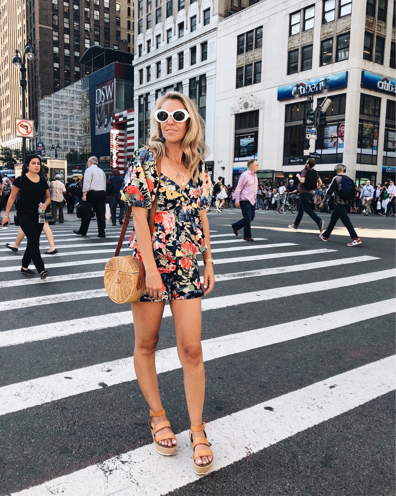 ADVENTURES IN NEW YORK- Jaclyn De Leon Style + Zara floral matching set + NY Street style + platform sandals + straw crossbody handbag + retro style sunglasses + ruffle shorts + statement sleeve + what to wear this summer + casual spring style
