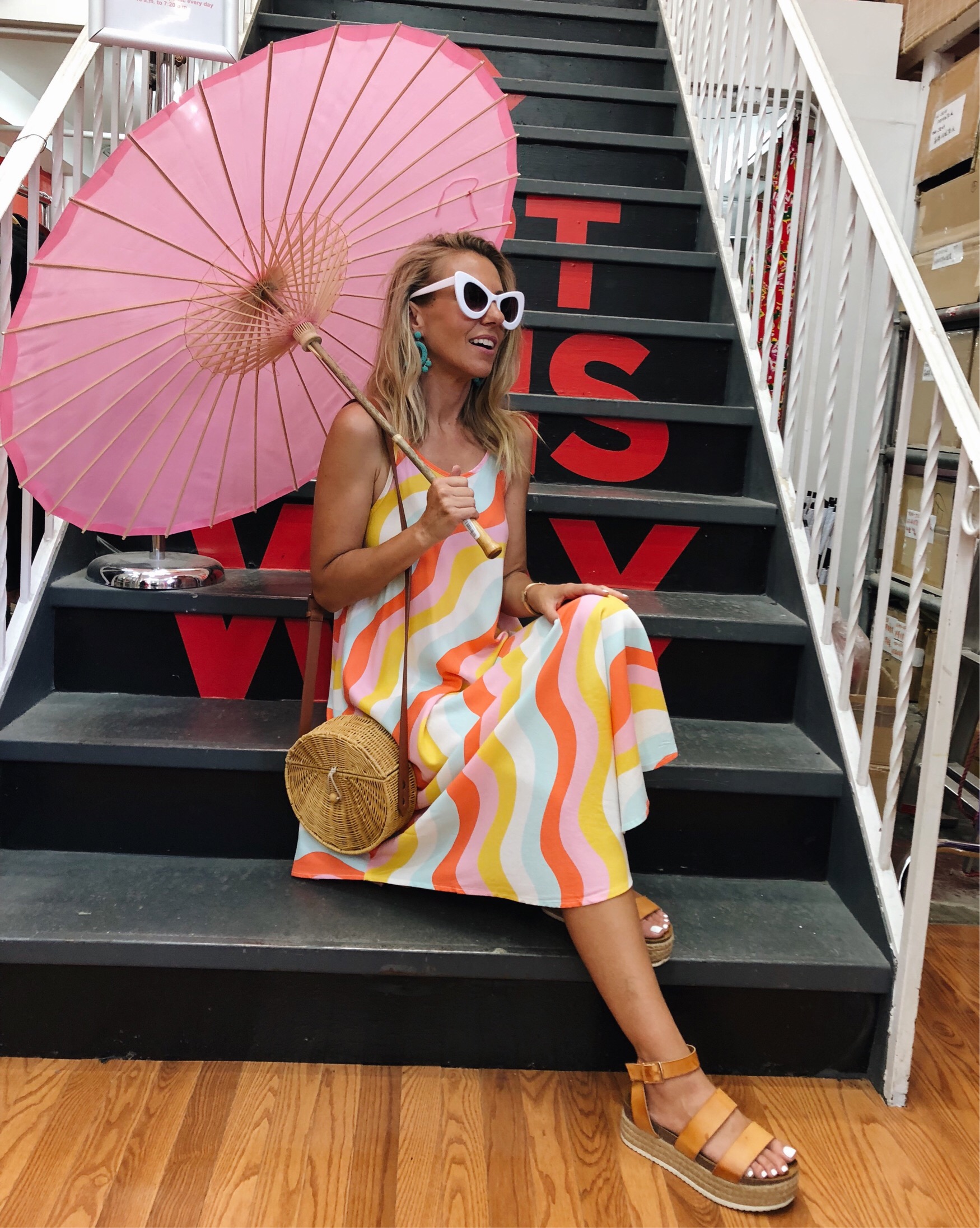 ADVENTURES IN NEW YORK- Jaclyn De Leon Style + retro style maxi dress + target style + straw crossbody handbag + platform sandals + white retro sunglasses + striped dress + casual summer style + NY street style