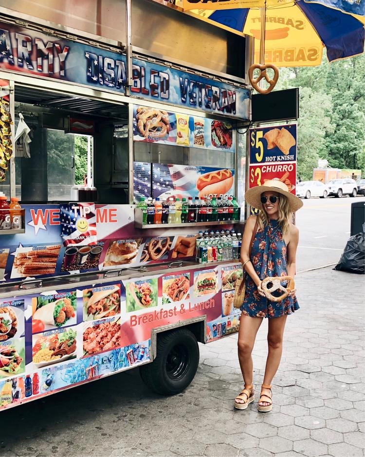 ADVENTURES IN NEW YORK- Jaclyn De Leon Style + floral matching set + target style + straw boater hat + espadrille platform sandals + NY sightseeing + food truck + pretzel + what to do in NY + casual travel style + summer outfit