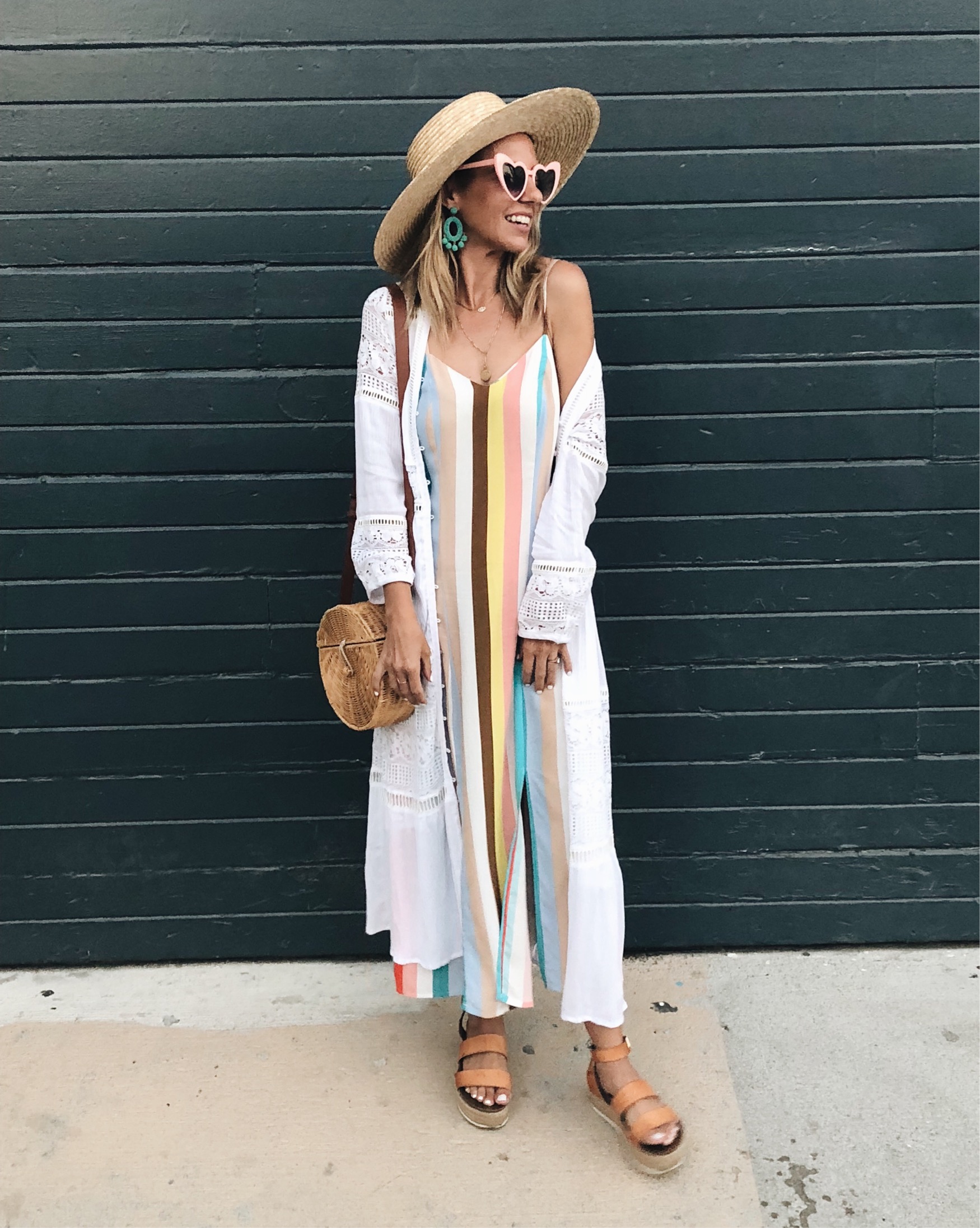 MUST HAVE SUMMER MAXI DRESSES- Jaclyn De Leon Style + striped maxi dress + boho chic + bohemian summer stye + straw hat + retro heart sunglasses + Target Style + casual beach style + street style + Goodnight Macaroon + white lace kimono + platform sandals