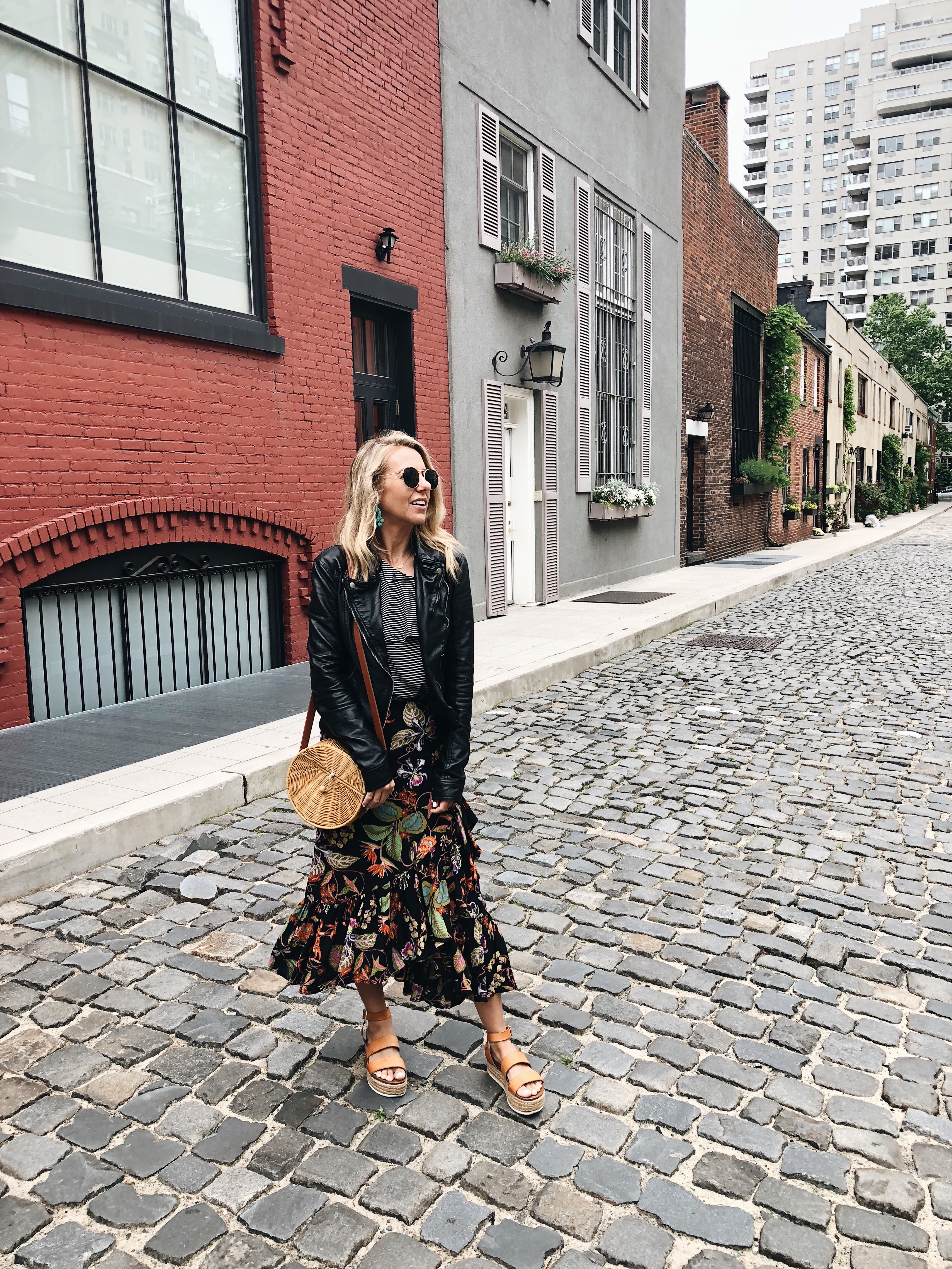 ADVENTURES IN NEW YORK- Jaclyn De Leon Style + ruffle floral midi skirt + striped top + faux leather jacket + straw crossbody handbag +platform espadrille sandals + casual street style + what to wear this spring + h&m style