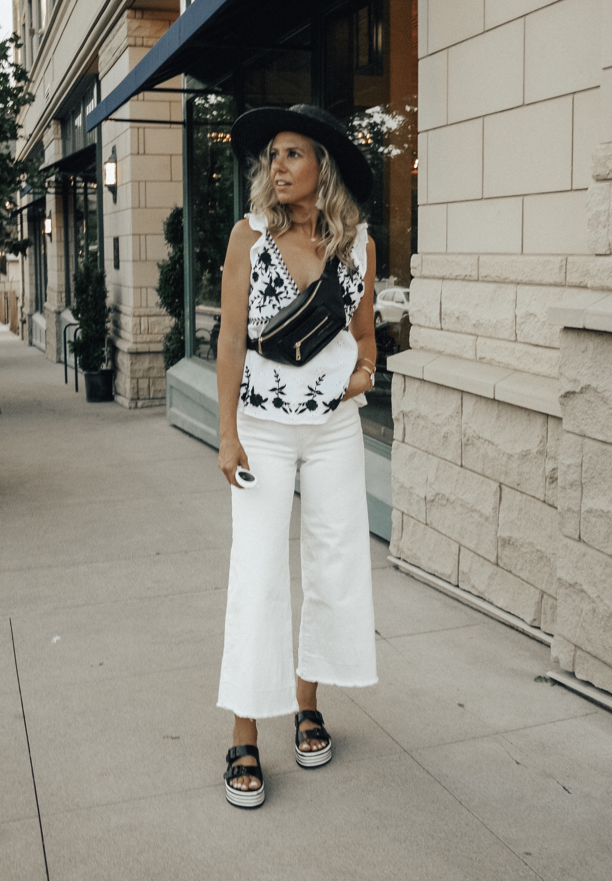 THE FANNY PACK IS BACK + 2 WAYS TO STYLE IT- Jaclyn De Leon Style + FAWN DESIGN FAWNY PACK + CASUAL STREET STYLE + MOM STYLE + BELT BAG + SUMMER OUTFIT + FALL STYLE + HOW TO STYLE A FANNY PACK + 90'S STYLE + RETRO LOOK + EDGY STREET STYLE LOOK +BLACK AND WHITE EMBROIDERED TOP + WHITE CULOTTES + YELLOW JUMPSUIT