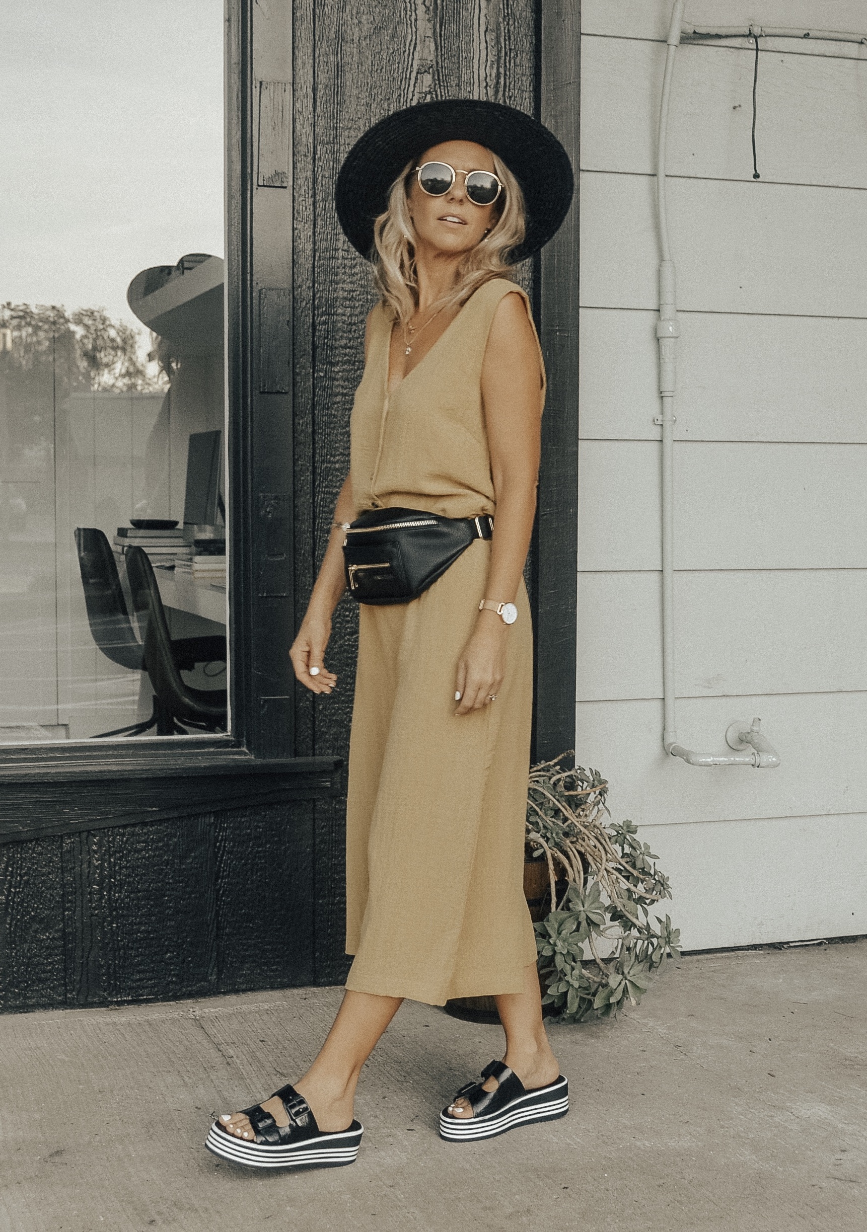 THE FANNY PACK IS BACK + 2 WAYS TO STYLE IT- Jaclyn De Leon Style + FAWN DESIGN FAWNY PACK + CASUAL STREET STYLE + MOM STYLE + BELT BAG + SUMMER OUTFIT + FALL STYLE + HOW TO STYLE A FANNY PACK + 90'S STYLE + RETRO LOOK + EDGY STREET STYLE LOOK +BLACK AND WHITE EMBROIDERED TOP + WHITE CULOTTES + YELLOW JUMPSUIT