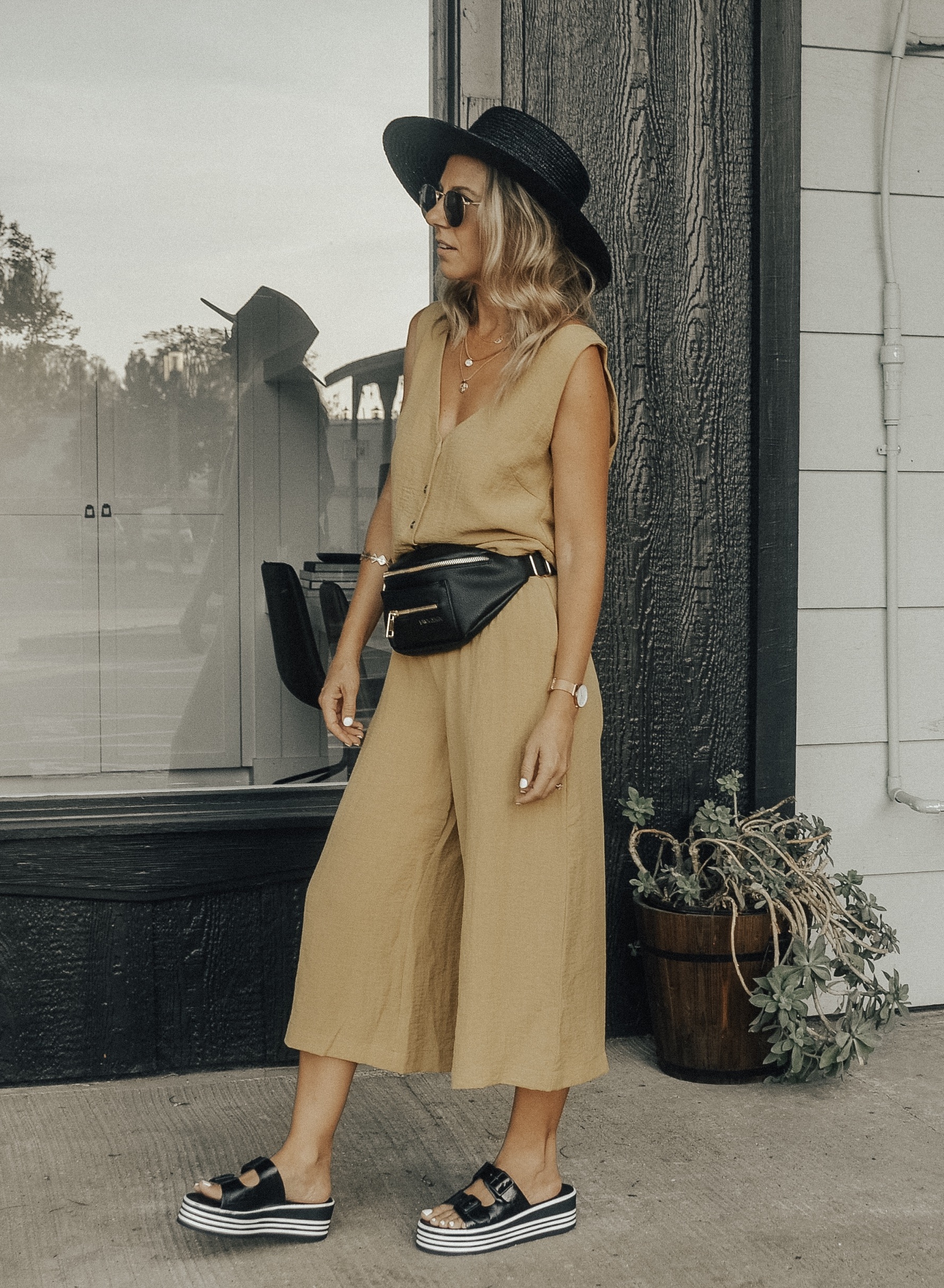 THE FANNY PACK IS BACK + 2 WAYS TO STYLE IT- Jaclyn De Leon Style + FAWN DESIGN FAWNY PACK + CASUAL STREET STYLE + MOM STYLE + BELT BAG + SUMMER OUTFIT + FALL STYLE + HOW TO STYLE A FANNY PACK + 90'S STYLE + RETRO LOOK + EDGY STREET STYLE LOOK +BLACK AND WHITE EMBROIDERED TOP + WHITE CULOTTES + YELLOW JUMPSUIT