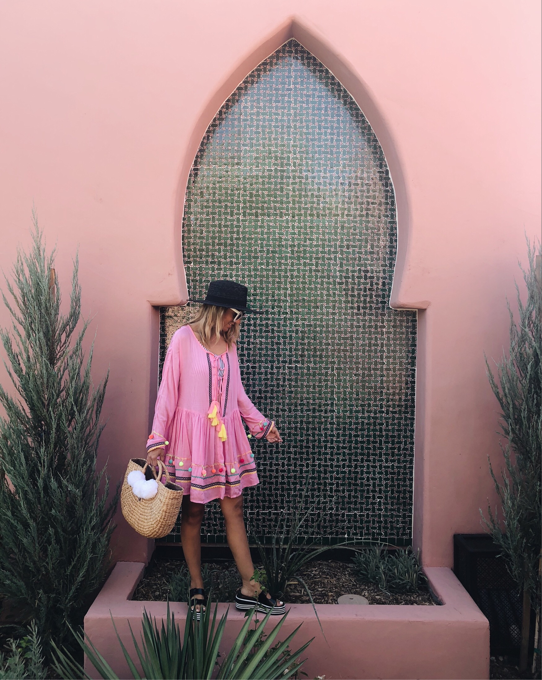 ANNIVERSARY WEEKEND GETAWAY AT THE SANDS HOTEL- Jaclyn De Leon Style + PALM SPRINGS HOTEL + BOHEMIAN + MOROCCAN + PINK POM POM SWIMSUIT COVER UP + STRAW BEACH TOTE + BLACK WIDE BRIM HAT + PLATFORM SANDALS + ASOS OUTFIT + SUMMER STYLE + VACATION + TRAVEL