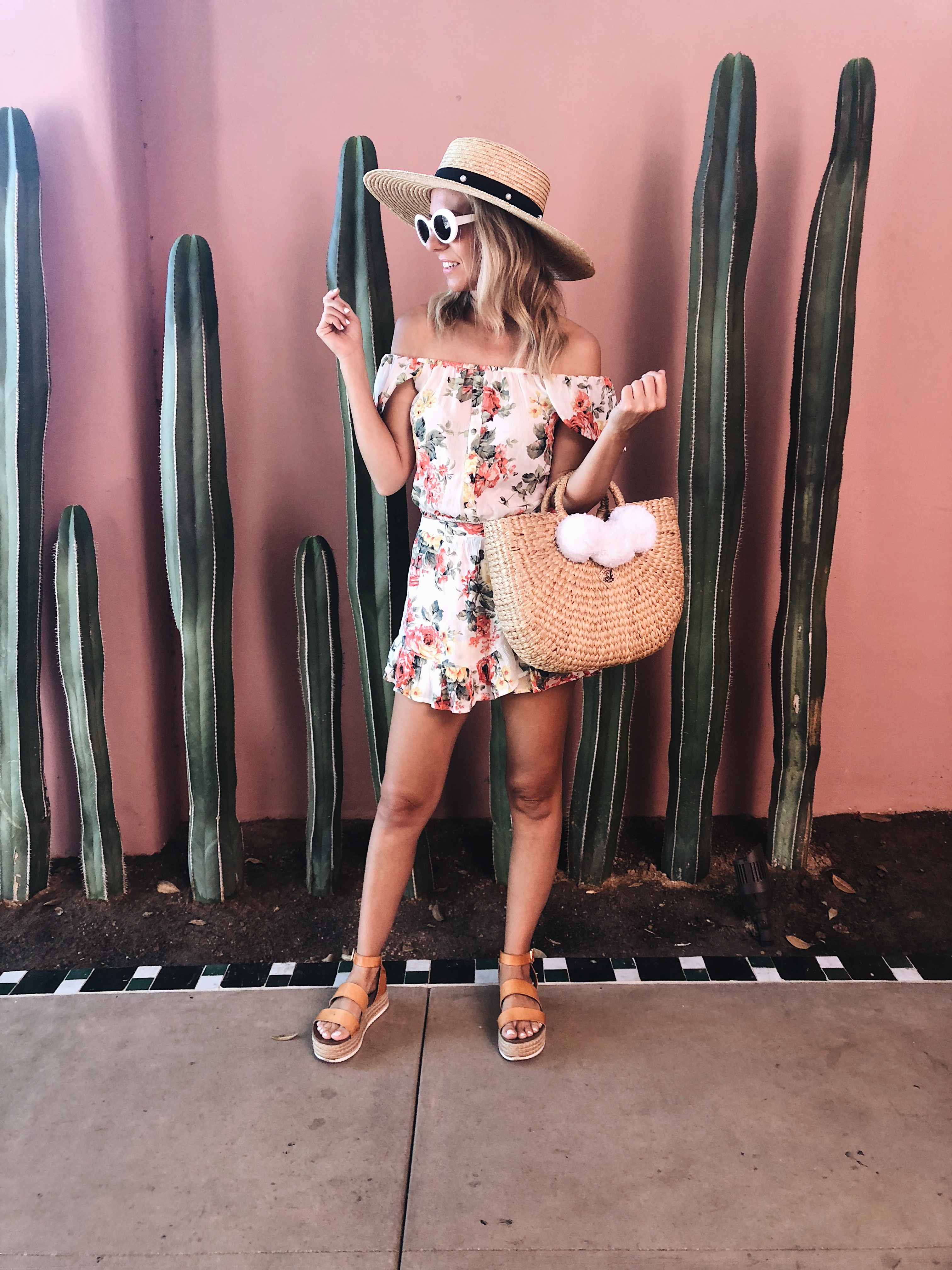 ANNIVERSARY WEEKEND GETAWAY AT THE SANDS HOTEL- Jaclyn De Leon Style + PALM SPRINGS HOTEL + BOHEMIAN + PINK WALL WITH CACTUS + RETRO SUNGLASSES + POM POM STRAW BEACH TOTE + WIDE BRIM STRAW HAT + PLATFORM SANDALS + ABERCROMBIE FLORAL MATCHING SET + SUMMER STYLE + VACATION + TRAVEL