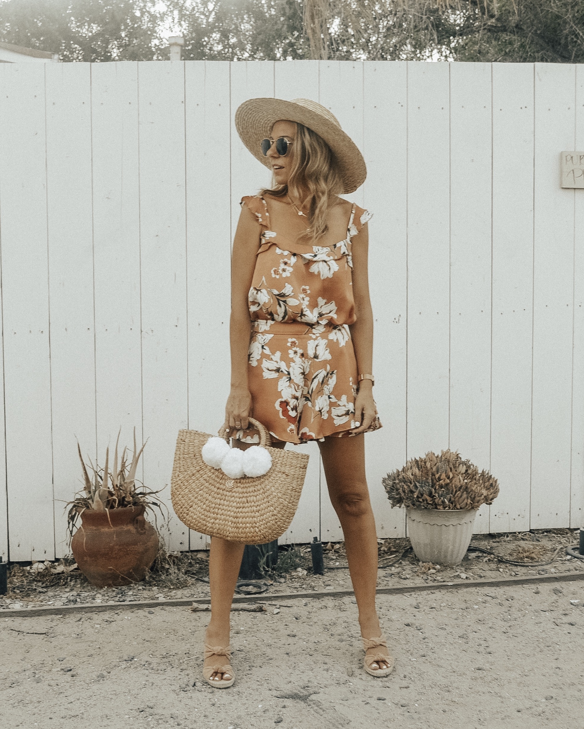 MATCHING SETS WITH BISHOP + YOUNG - Jaclyn De Leon Style + floral ruffle shorts + floral tank top + bohemian + straw bag with pom poms + straw beach hat + summer style + casual street style + boho chic + Nordstrom + Zappos + Versatility of matching sets + mix and match