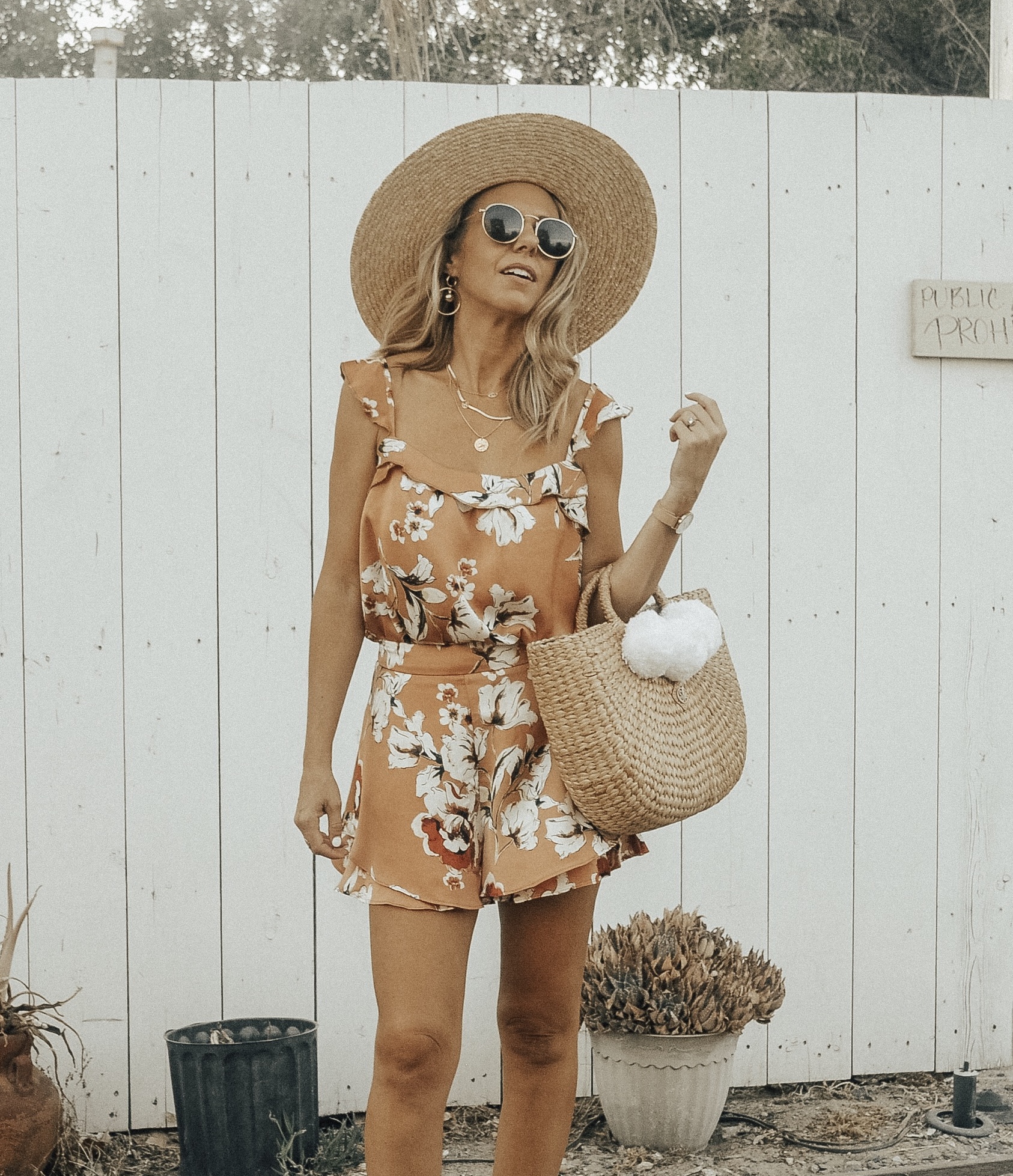 MATCHING SETS WITH BISHOP + YOUNG - Jaclyn De Leon Style + floral ruffle shorts + floral tank top + bohemian + straw bag with pom poms + straw beach hat + summer style + casual street style + boho chic + Nordstrom + Zappos + Versatility of matching sets + mix and match