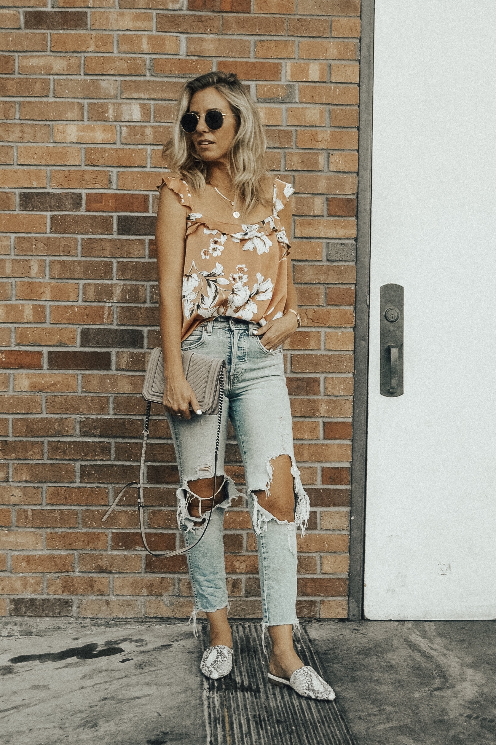 MATCHING SETS WITH BISHOP + YOUNG - Jaclyn De Leon Style + floral tank top + distressed denim + bohemian + Rebecca Minkoff handbag + fall outfit + summer style + casual street style + boho chic + Nordstrom + Zappos + Versatility of matching sets + mix and match + snakeskin studded mules