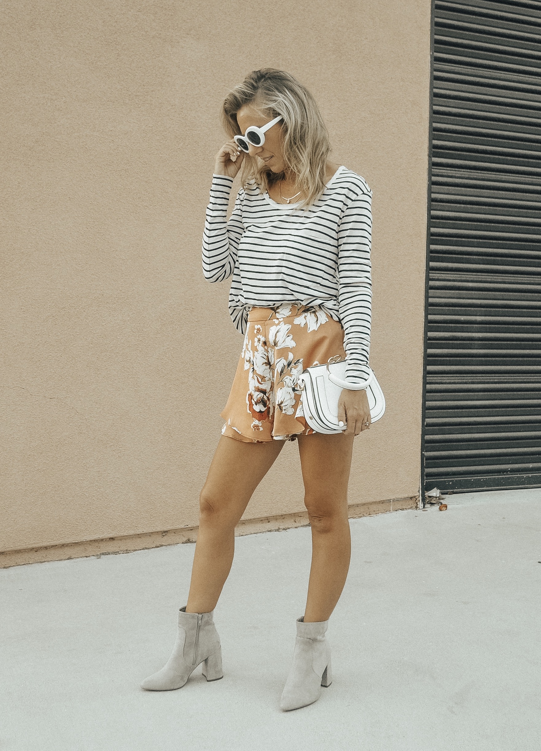 MATCHING SETS WITH BISHOP + YOUNG - Jaclyn De Leon Style + floral ruffle shorts + striped pocket tee + bohemian + gray block heel booties + fall outfit + summer style + casual street style + boho chic + Nordstrom + Zappos + Versatility of matching sets + mix and match