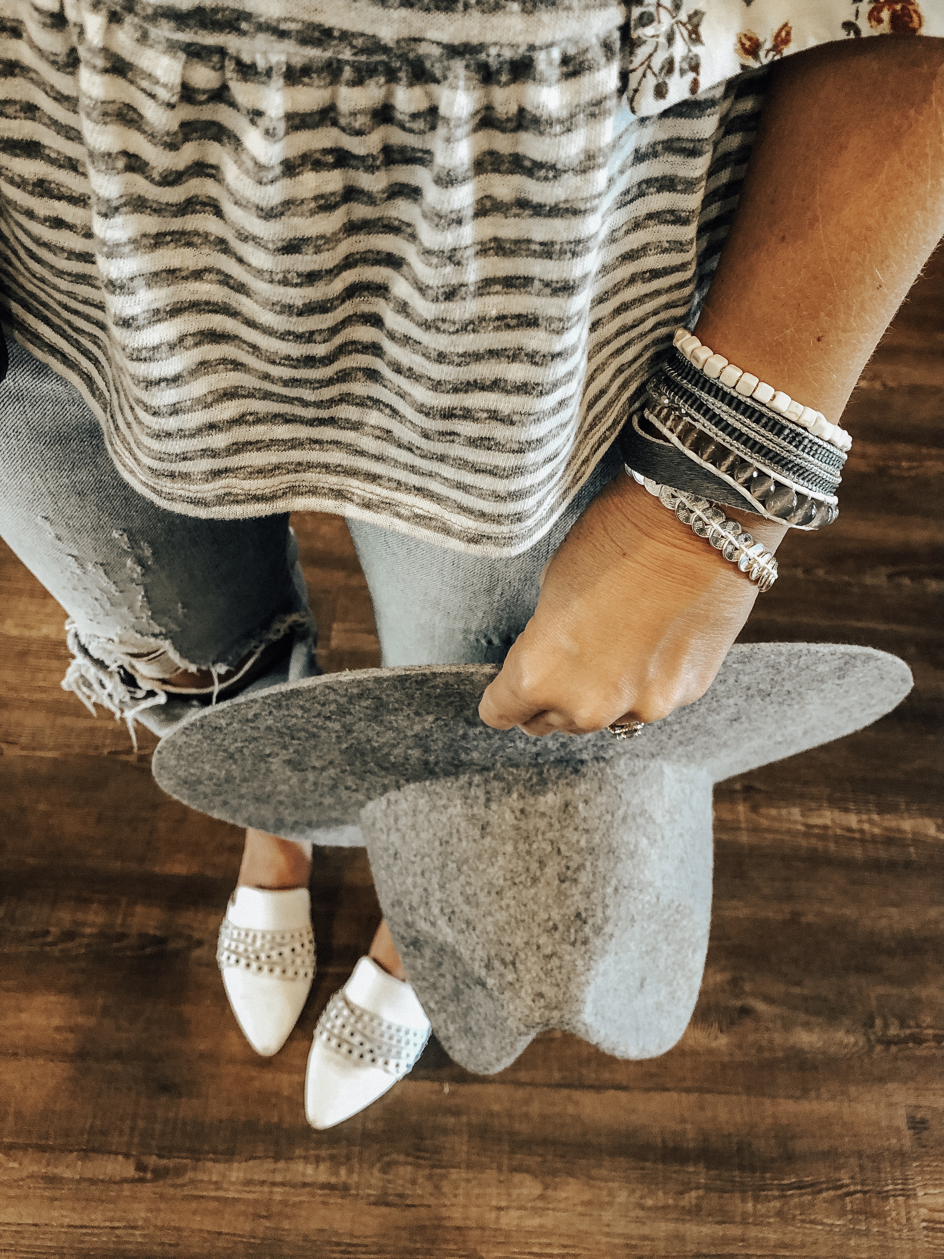 BOHO BRACELETS + VICTORIA EMERSON- Jaclyn De Leon Style + bohemian style + bracelet stack + jewelry trends + how to style accessories + summer outfit + fall style + mom style + grey fedora hat + coffee shop + stying tips + distressed denim + peplum top + floral button up