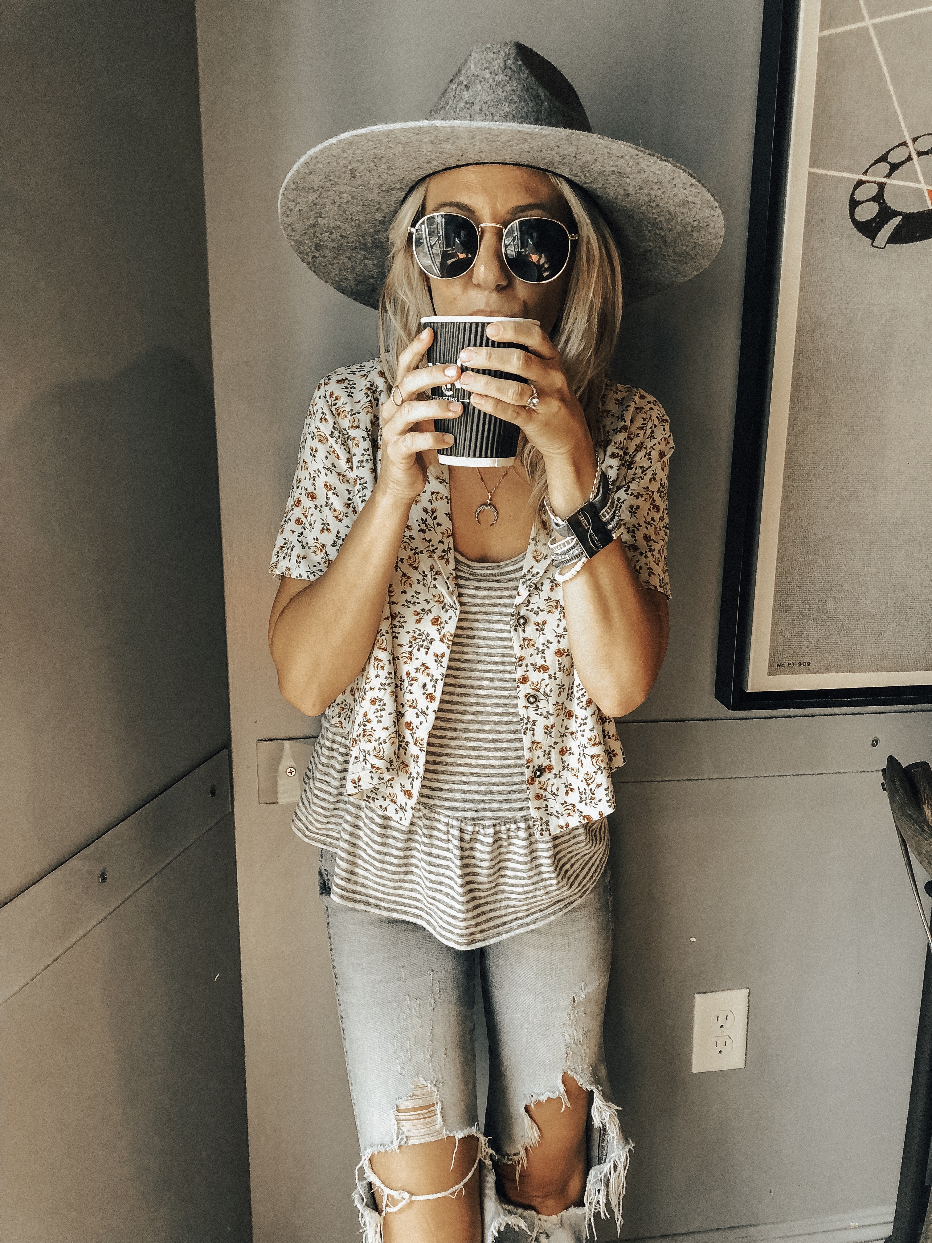 BOHO BRACELETS + VICTORIA EMERSON- Jaclyn De Leon Style + bohemian style + bracelet stack + jewelry trends + how to style accessories + summer outfit + fall style + mom style + grey fedora hat + coffee shop + stying tips + distressed denim + peplum top + floral button up