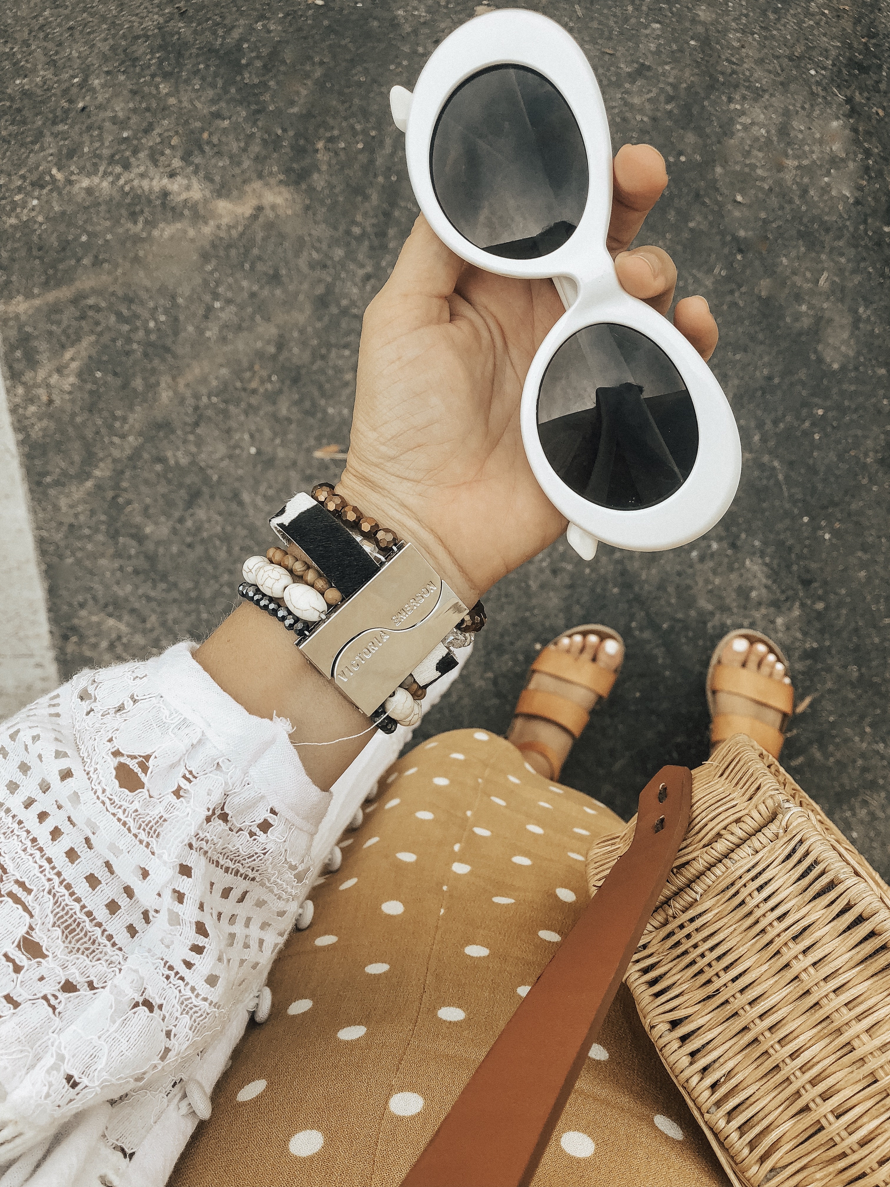 BOHO BRACELETS + VICTORIA EMERSON- Jaclyn De Leon Style + bohemian style + bracelet stack + jewelry trends + how to style accessories + summer outfit + fall style + mom style + polka dot romper + white kimono + stying tips + statement bracelets