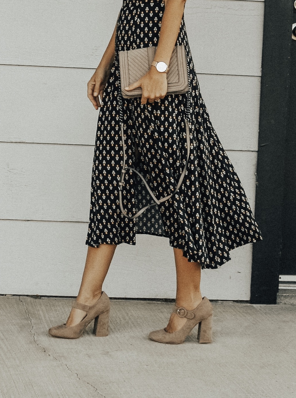 MARY JANE'S ARE BACK + RESTRICTED SHOES- Jaclyn De Leon Style + fall shoe trends + what to wear this season + boho floral midi dress + fall shoe edit + mom style + styling the mary jane shoe + block heel + rebecca minkoff handbag + retro style + 90's fashion