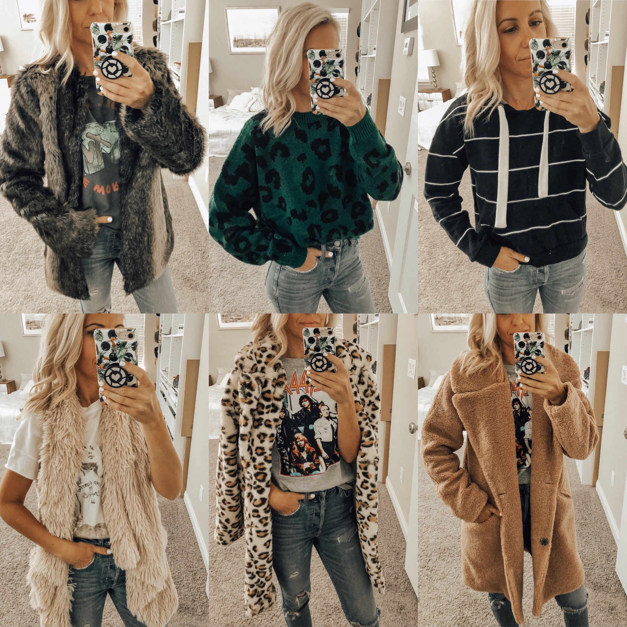 NORDSTROM RACK FINDS- Jaclyn De Leon Style + faux fur jacket + fall fashion + shopping tips + cozy casual outerwear + winter coats + try-on session + striped sweatshirt + soft faux fur vest + selfie + outfit inspiration + mom style + leopard