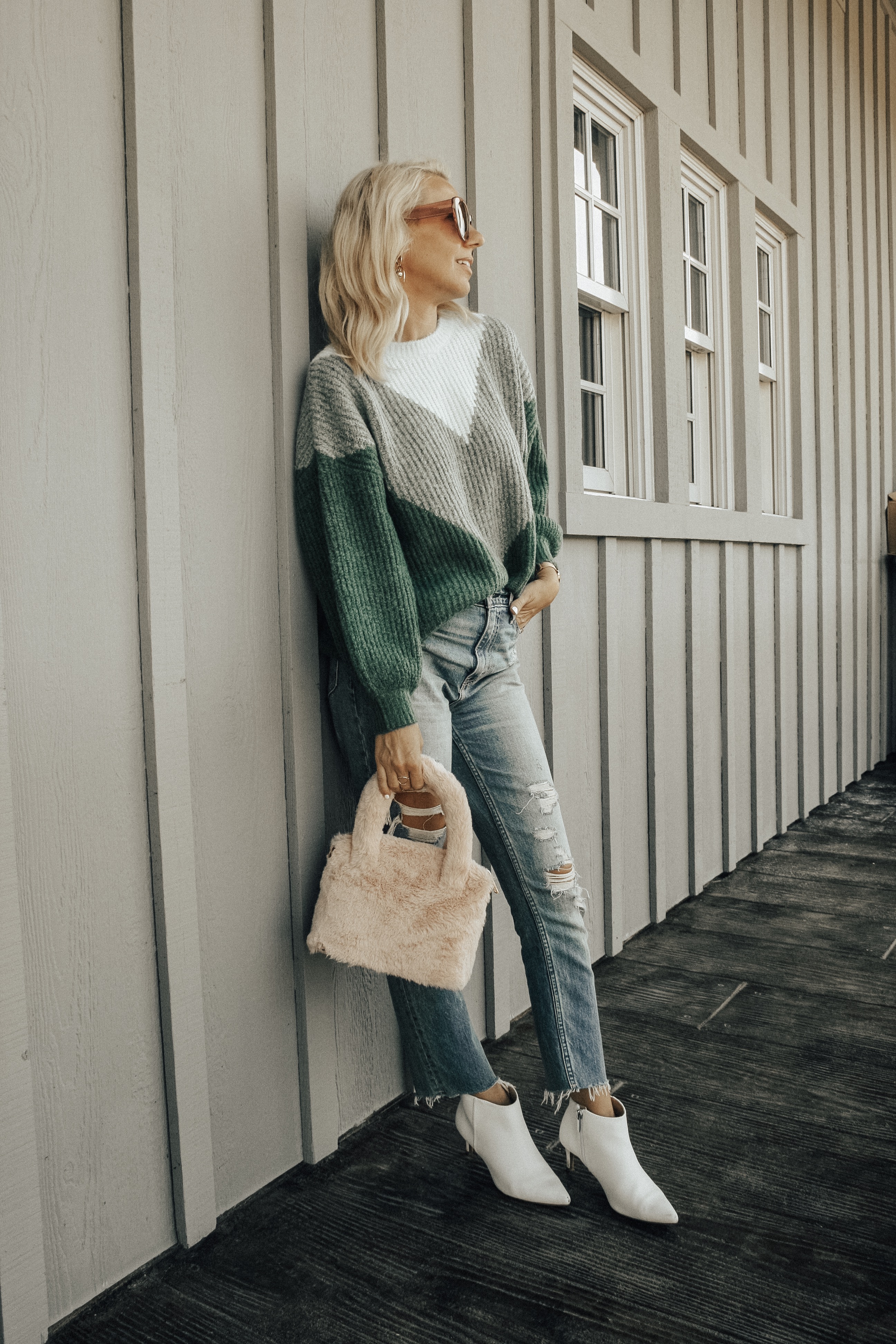 COZY SWEATERS UNDER $35- Jaclyn De Leon Style + casual sweater + chevron print + fall fashion + #sweaterweather + affordable fashion + winter style + casual street style + denim + mom style + stripes + faux fur handbag + retro style + oversized sunglasses + forever 21