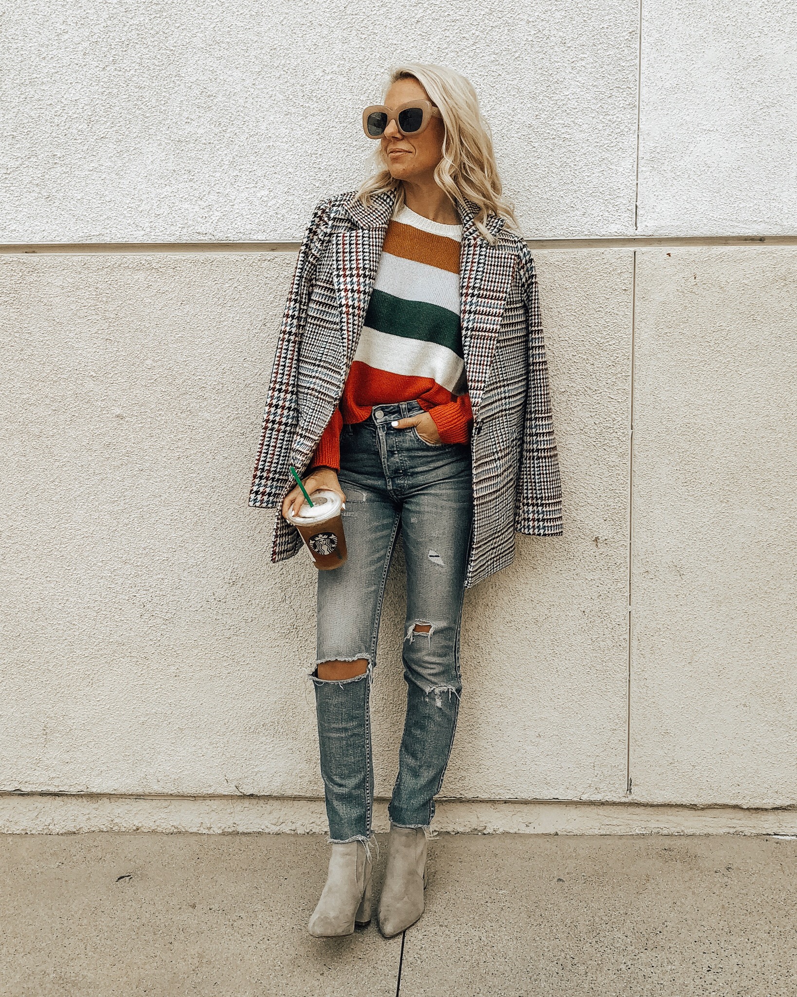 MAD FOR PLAID- Jaclyn De Leon Style + fall fashion + plaid coat + street style + style inspo + cozy striped sweater + block heel boots + winter casual style + 90's fashion + retro style + mom style + forever 21 + affordable fashion