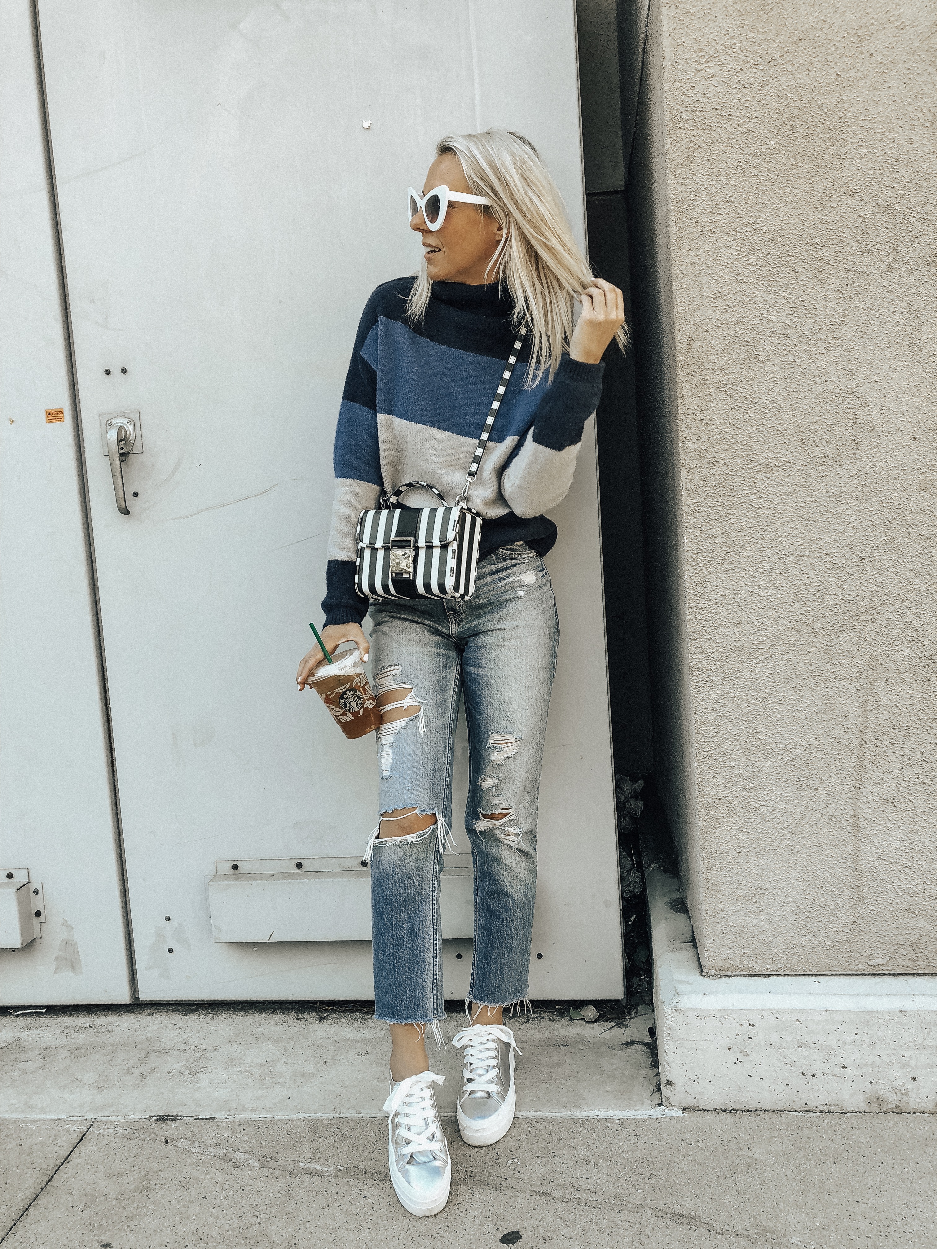 ROCKET DOG PLATFORM SNEAKERS- Jaclyn De Leon Style + metallic silver platform shoes + distressed denim + striped sweater + target style + retro style + fall outfit inspo + mom style + mommy and me style + styling sneakers + floral dress + how to style sneakers