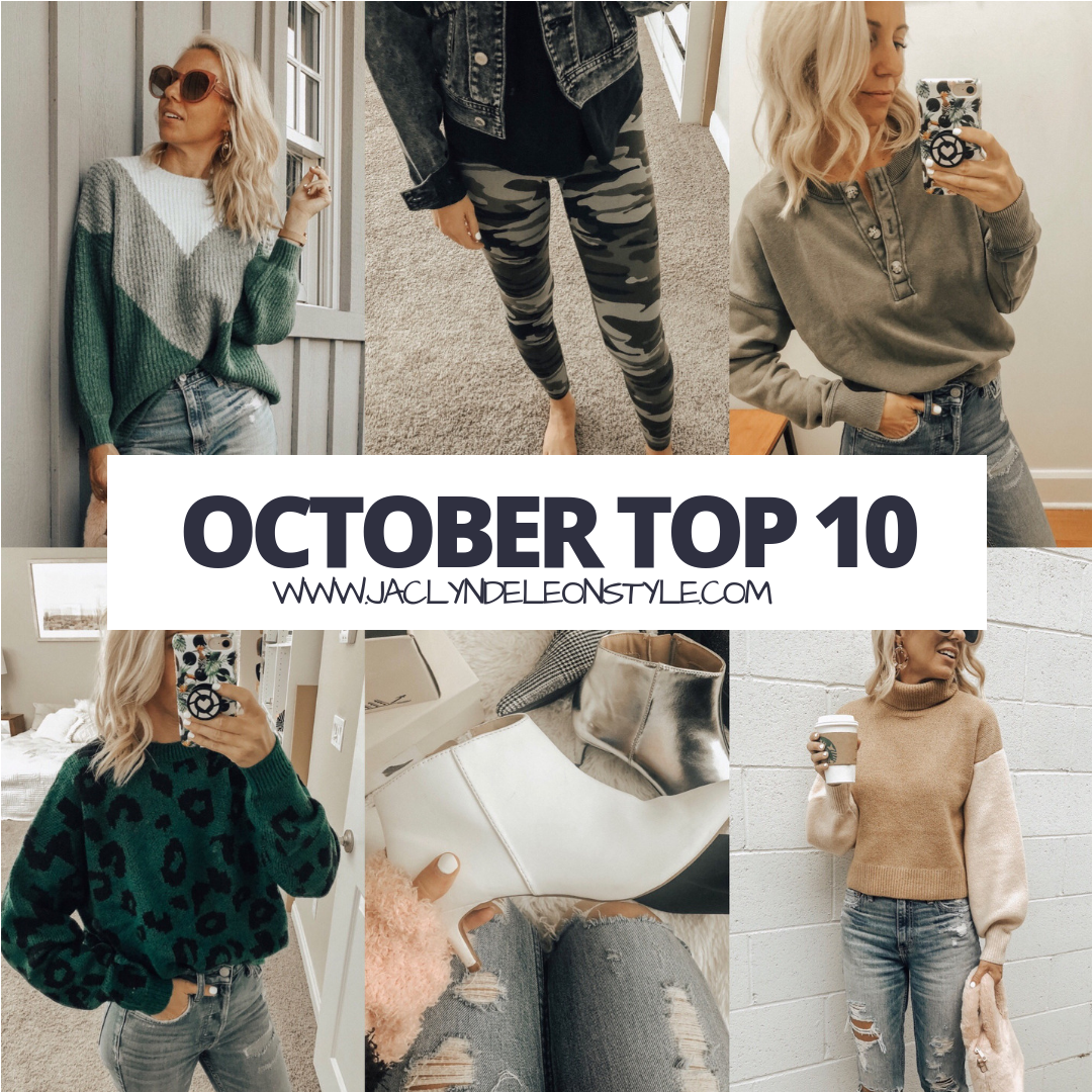 OCTOBER TOP 10- Jaclyn De Leon Style - Fall fashion + top selling items + cozy sweaters + camo leggings + leopard + sweater weather + what to buy this season + color block sweater + chevron