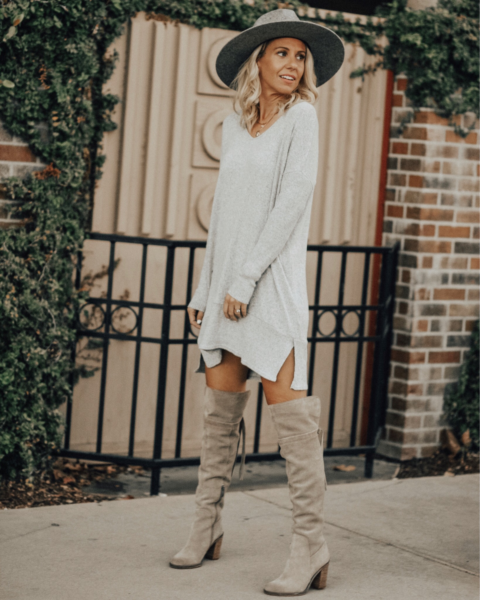 NOVEMBER TOP 10- Jaclyn De Leon Style + top selling items + sweater dress + winter style + street style + outfit inspiration + bohemian look + how to style over the knee boots + taupe high boots