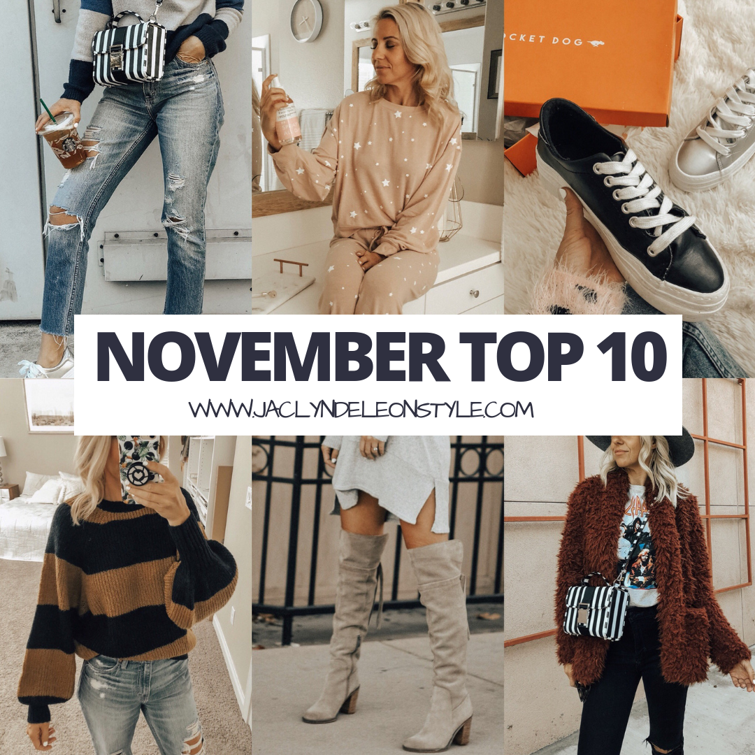 NOVEMBER TOP 10-Jaclyn De Leon Style + top selling items + mom jeans + striped sweater + platform sneakers + luxe star print lounge set + faux fur jacket + otk boots