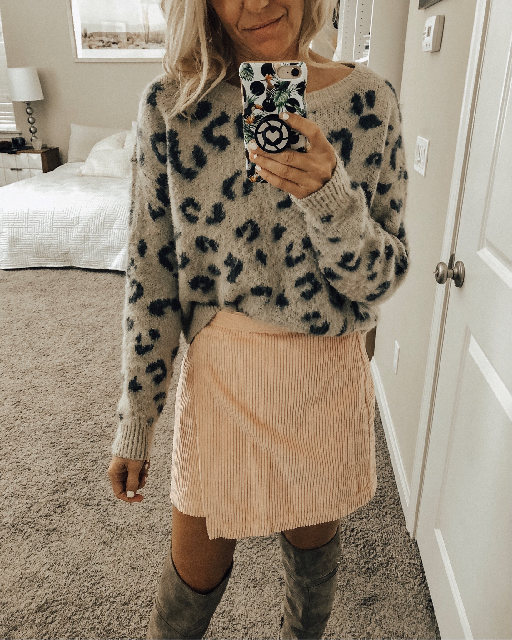 DECEMBER TOP 10- Jaclyn De Leon Style + leopard cozy sweater + pink skirt + animal print + sweater weather + selfie + winter style + otk boots + abercrombie