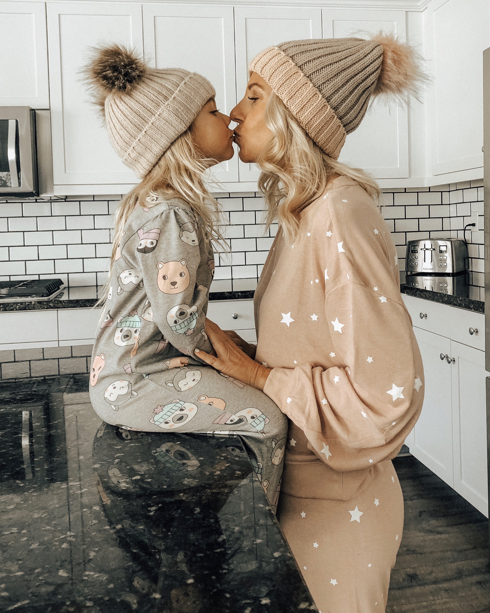DECEMBER TOP 10- Jaclyn De Leon Style + mommy and me cozy outfit at home + star print sweatshirt + lounge set + kids pajamas + cozy beanies + mom life + mom style + kid style