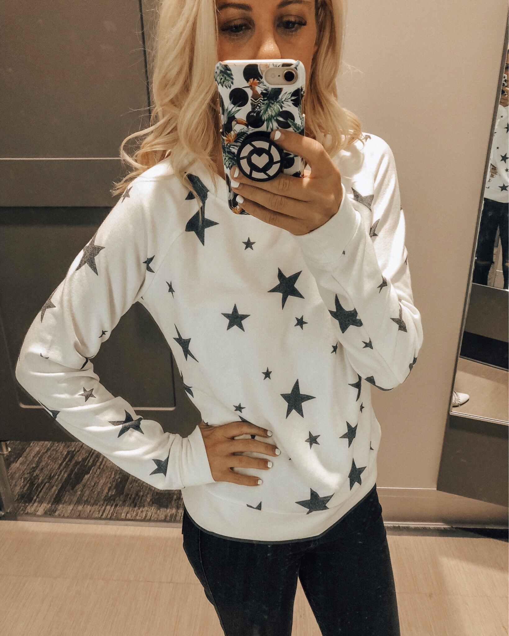 DECEMBER TOP 10- Jaclyn De Leon Style + top selling items for the month + star print sweatshirt + cozy casual style + target style + mom style + winter outfit + lounge set + fleece top