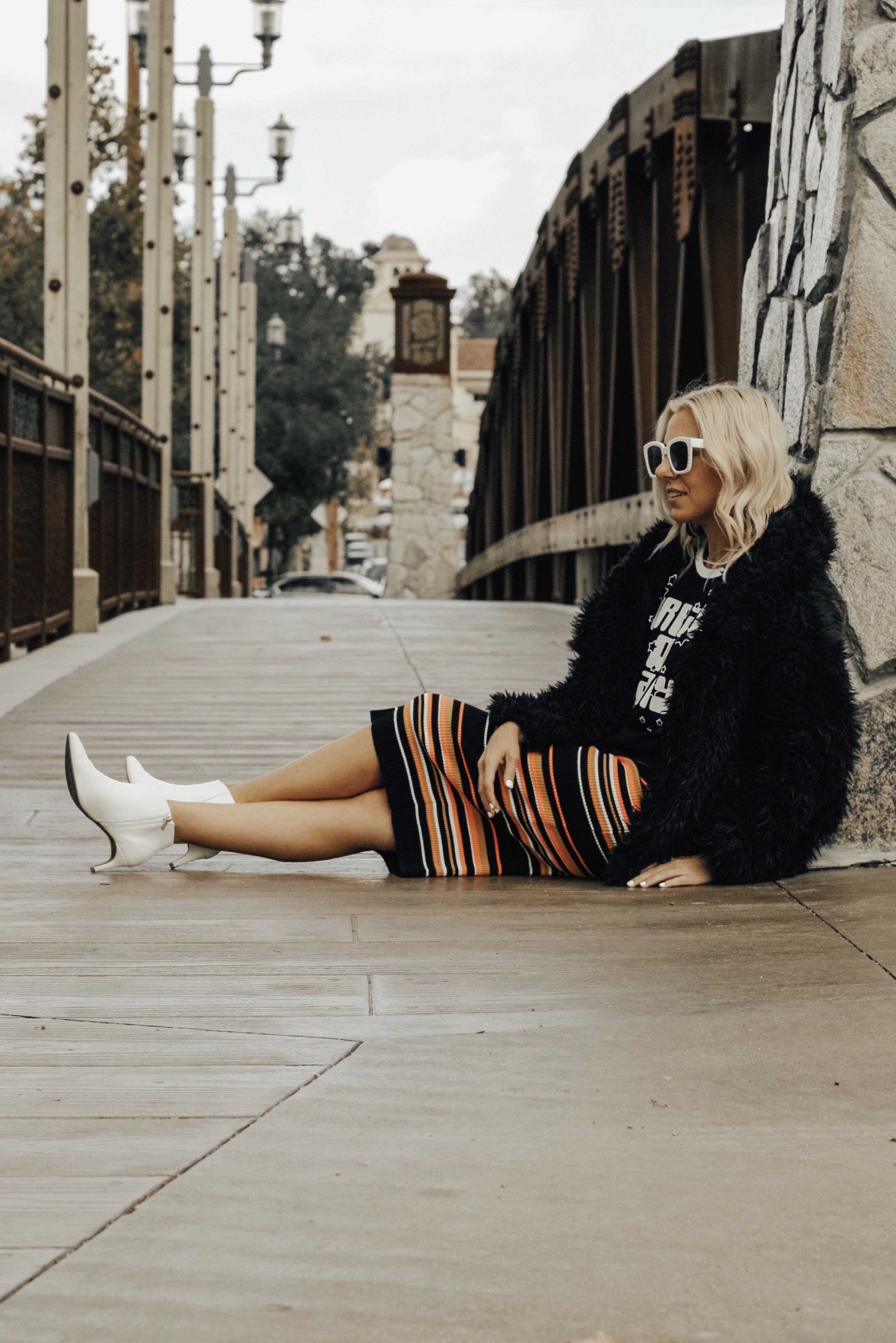 DREAM ON BABY...MY GOALS FOR 2019- Jaclyn De Leon Style + graphic tee + faux fur jacket + striped midi skirt + white boots + retro 70's style + winter style + casual street style look + what to wear in 2019