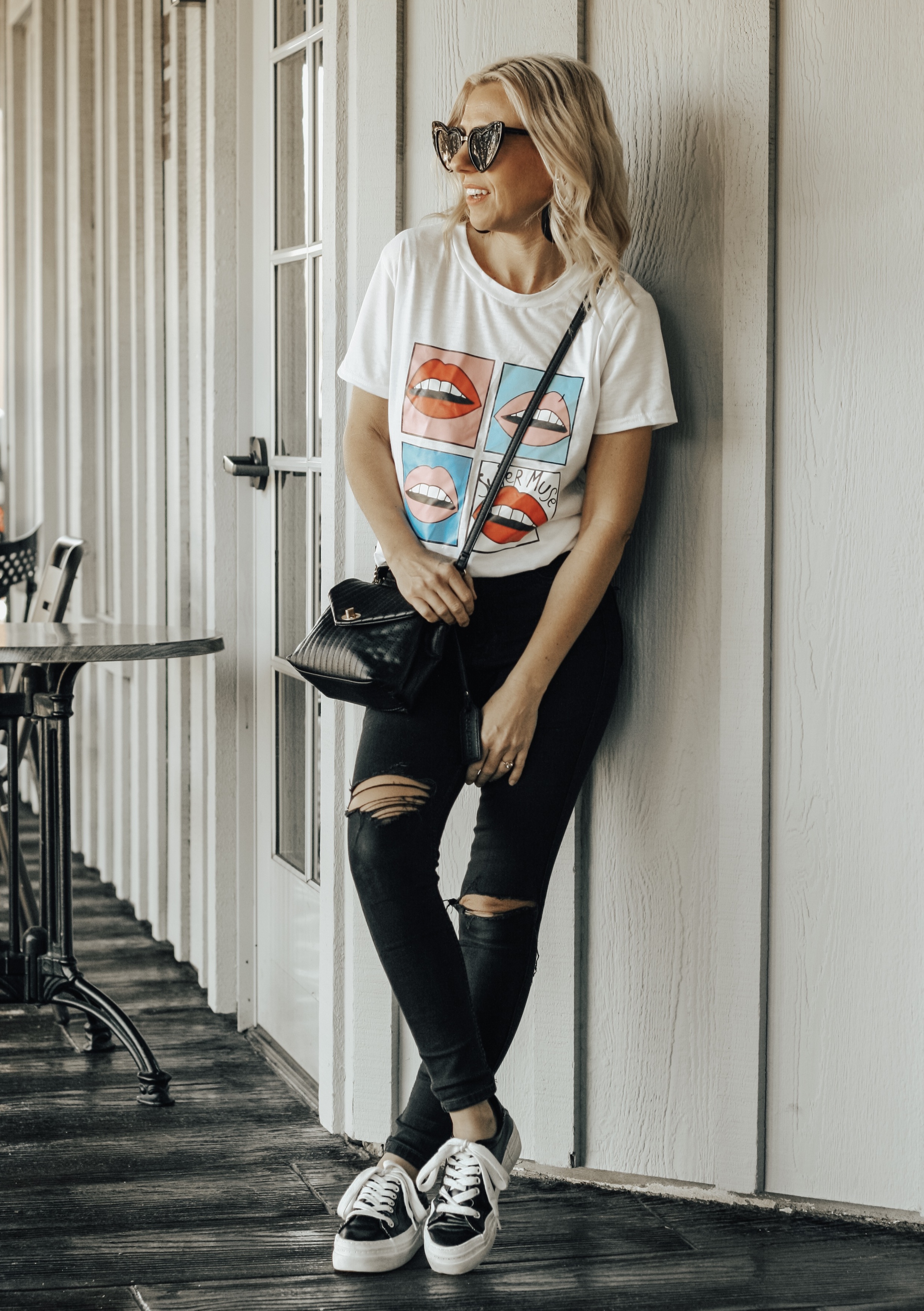 VALENTINE'S INSPIRED GRAPHIC TEES- Jaclyn De Leon Style + holiday style inspo + what to wear this Valentine's day + lips tee + heart tee + spring style + love + heart sunglasses + retro style + 90s fashion + Valentine's style + mom fashion