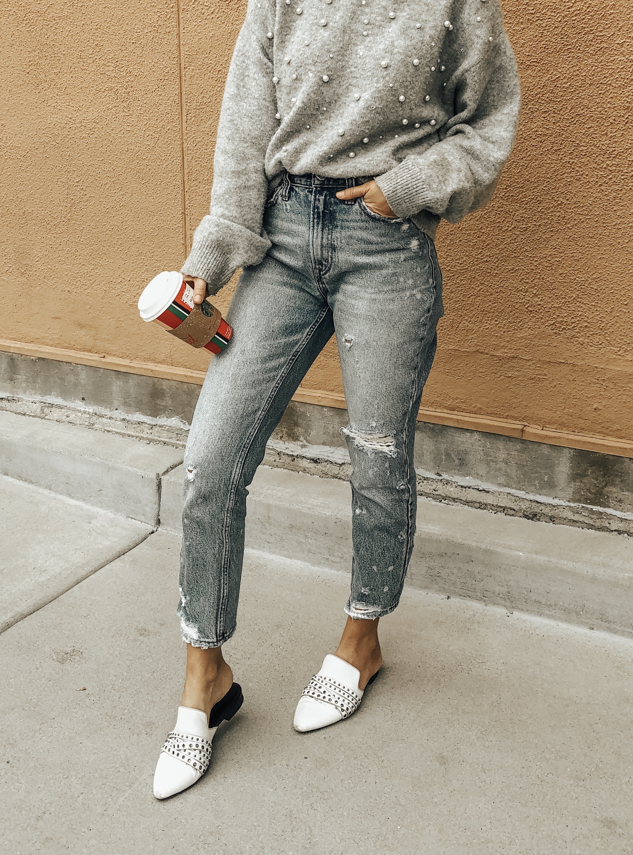 DECEMBER TOP 10- Jaclyn De Leon Style + high rise mom jeans + embellished sweater + white mules + abercrombie jeans + nordstrom mules + casual winter style + sweater weather + mom style