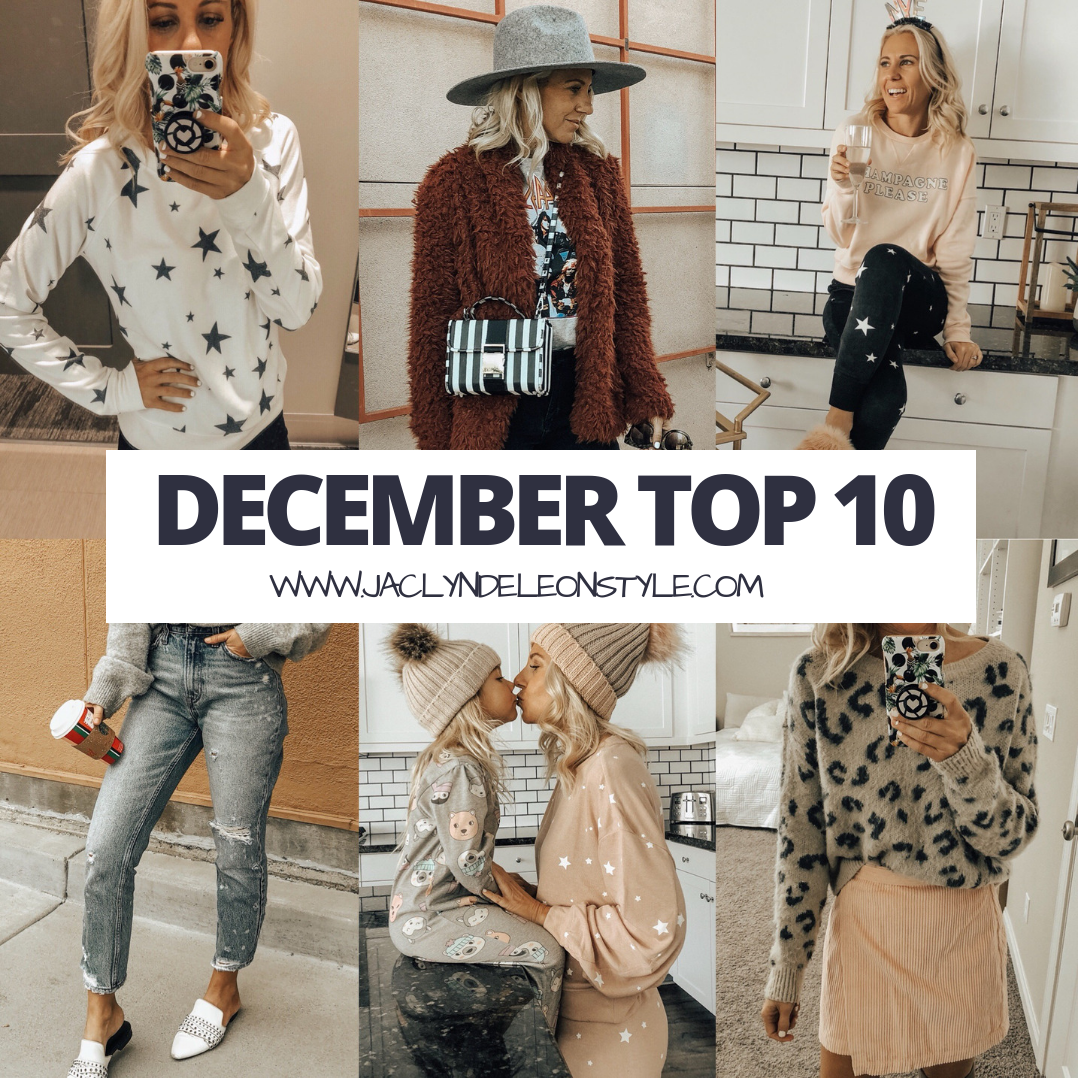 DECEMBER TOP 10- Jaclyn De Leon Style + top selling items in december + holiday shopping + star print + high rise mom jeans + cozy faux fur jacket + star joggers + leopard sweater + winter style + gift giving + target finds + abercrombie