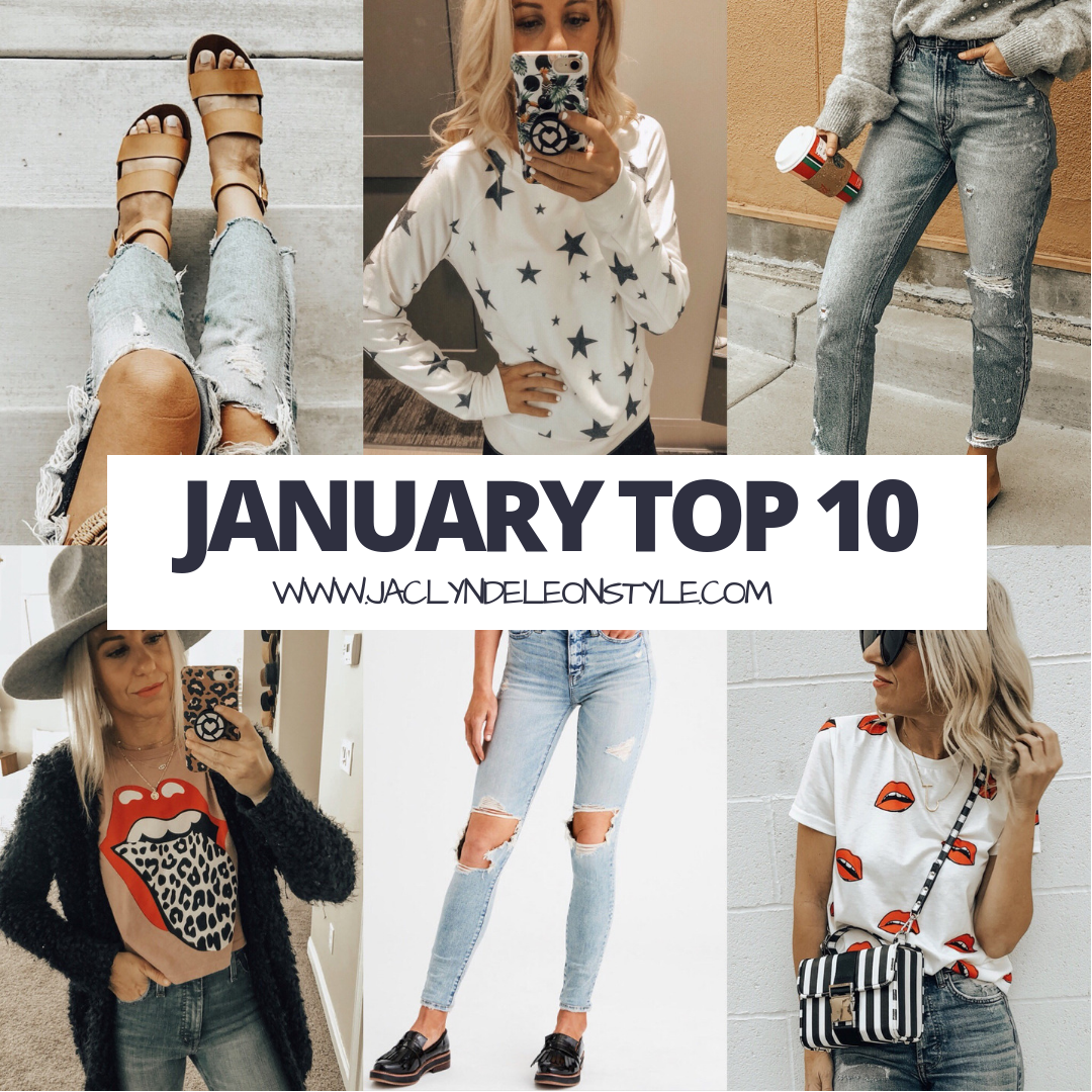 JANUARY TOP 10- Jaclyn De Leon Style + top selling items for the month + espadrille sandals + dsw summer shoes + mom jeans + distressed denim + star sweatshirt + valentine's tees