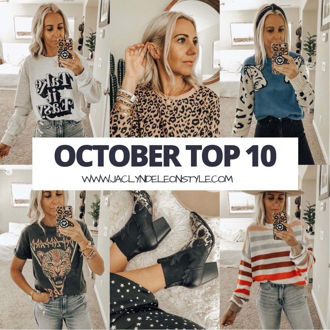 OCTOBER TOP 10- Jaclyn De Leon Style + Sharing the best selling items from the month of October which include a leopard sweater, huggie hoop earrings, graphic tees + sweatshirts, faux fur slippers, striped sweaters, western booties and denim
