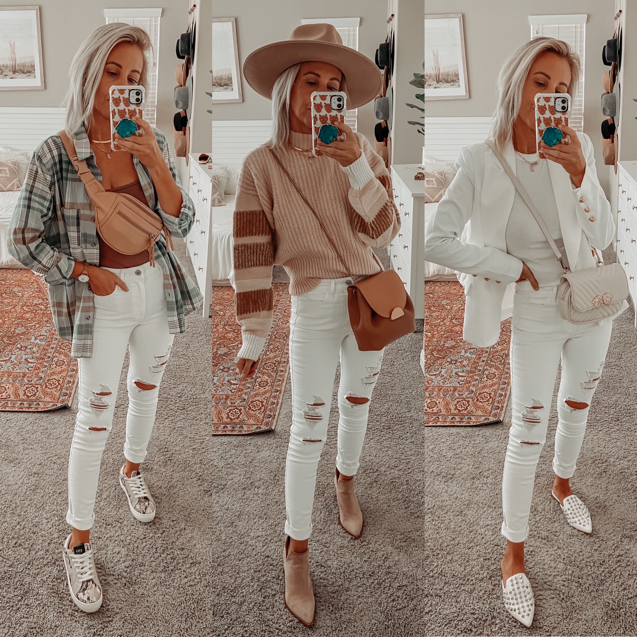 3 WAYS TO STYLE WHITE DENIM FOR FALL- Jaclyn De Leon Style, Yes you can wear white after labor day. White denim with a flannel, sweater or monochromatic look