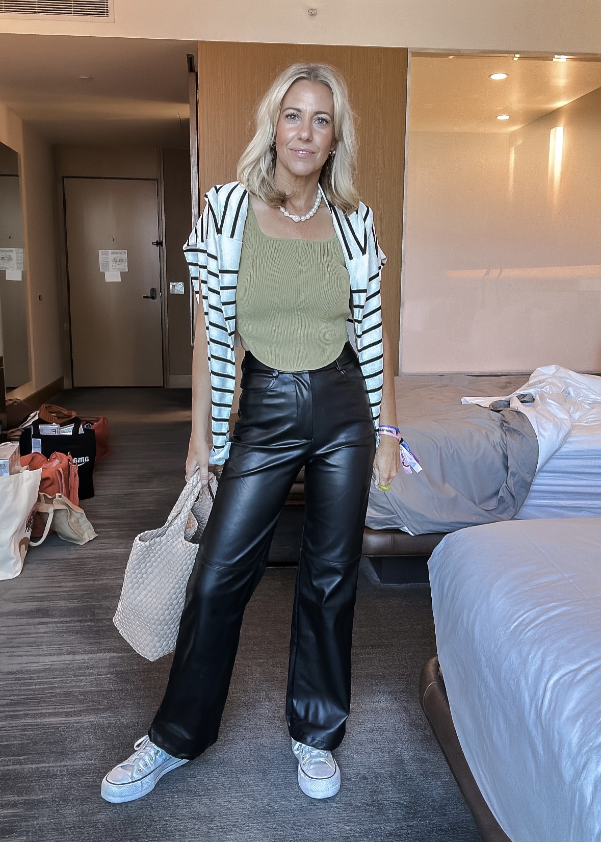 What I’ve been wearing lately from Amazon-Jaclyn De Leon Style. Sharing casual chic Amazon outfits that I'm loving. Amazon favorites include a wide leg trouser, faux leather pants, a loungewear set, and my favorite stripe sweater.